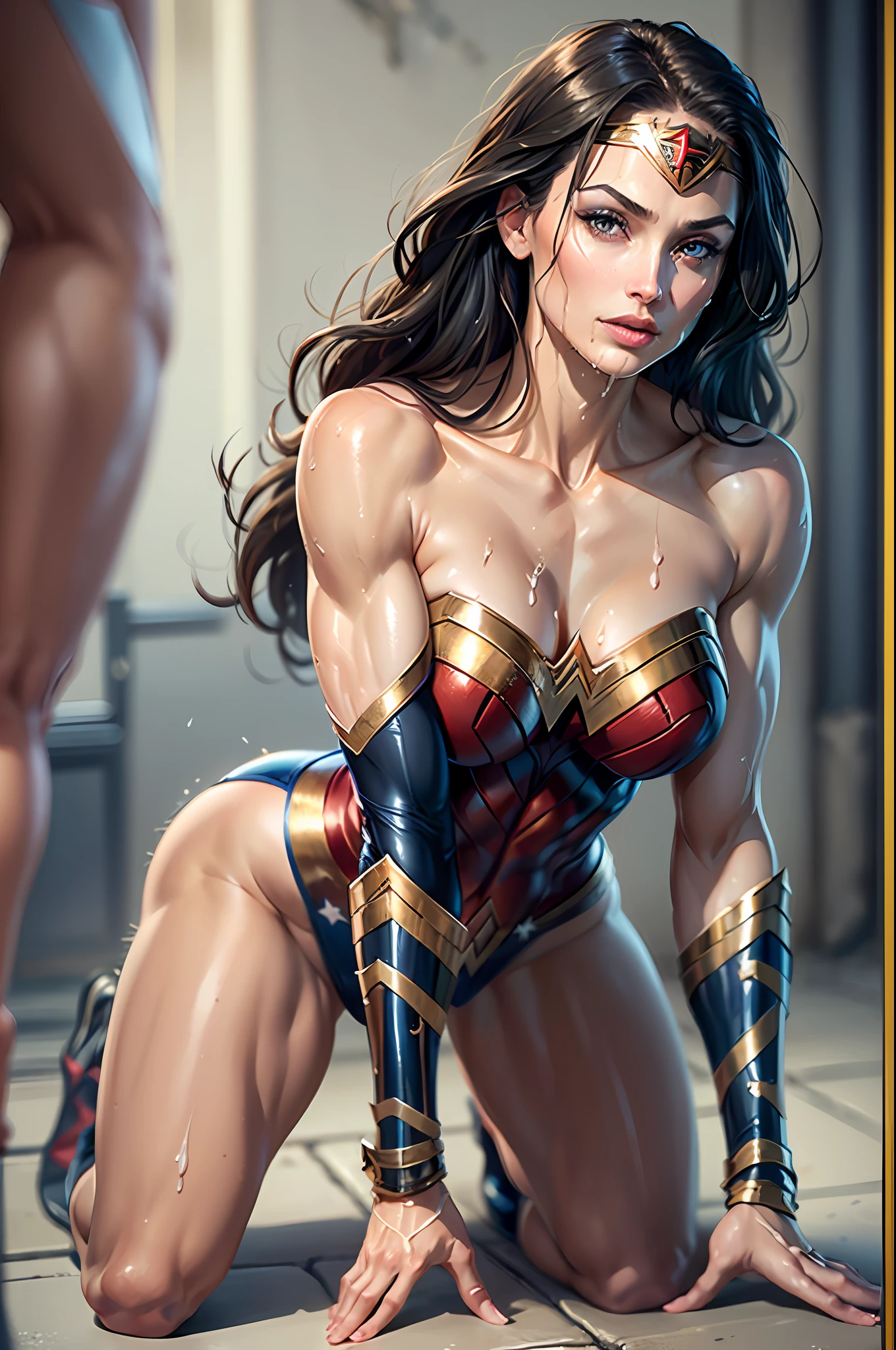 (Victoria's Secret Model Wonder Woman), begging for her life, defeated, Wonder Woman, on all fours, 1girl, single, solo, solo, full body, ((intricate details, makeup), (delicate and beautiful delicate face, delicate and beautiful delicate eyes, face with perfect proportions), (realistic moist skin: 0.5), (drenched body: 0.5), (wet skin), wet hair, high-detail skin, delicate skin, best proportions four fingers and one thumb, strong and realistic blue eyes, Realistic black hair, lips, makeup, natural skin texture, tiara, leotard, bulletproof cuffs, red boots, (public clothing:1.3), slightly sunburned skin tone, mature, sexy, elastic muscles, (muscles:1.2), ((strong and healthy body)), ((((more) muscles))), long legs, curves, thick thighs, wide buttocks, thin legs, (big breasts: 1.2), thin waist, soft waist, (delicate skin), (beautiful and sexy woman), (swollen lips): 0.9), (eyelashes: 1.2), very delicate muscle definition, ((top quality)), ((masterpiece)), ((realistic)), (detailed), detailed background, realistic texture, resolute facial expression,