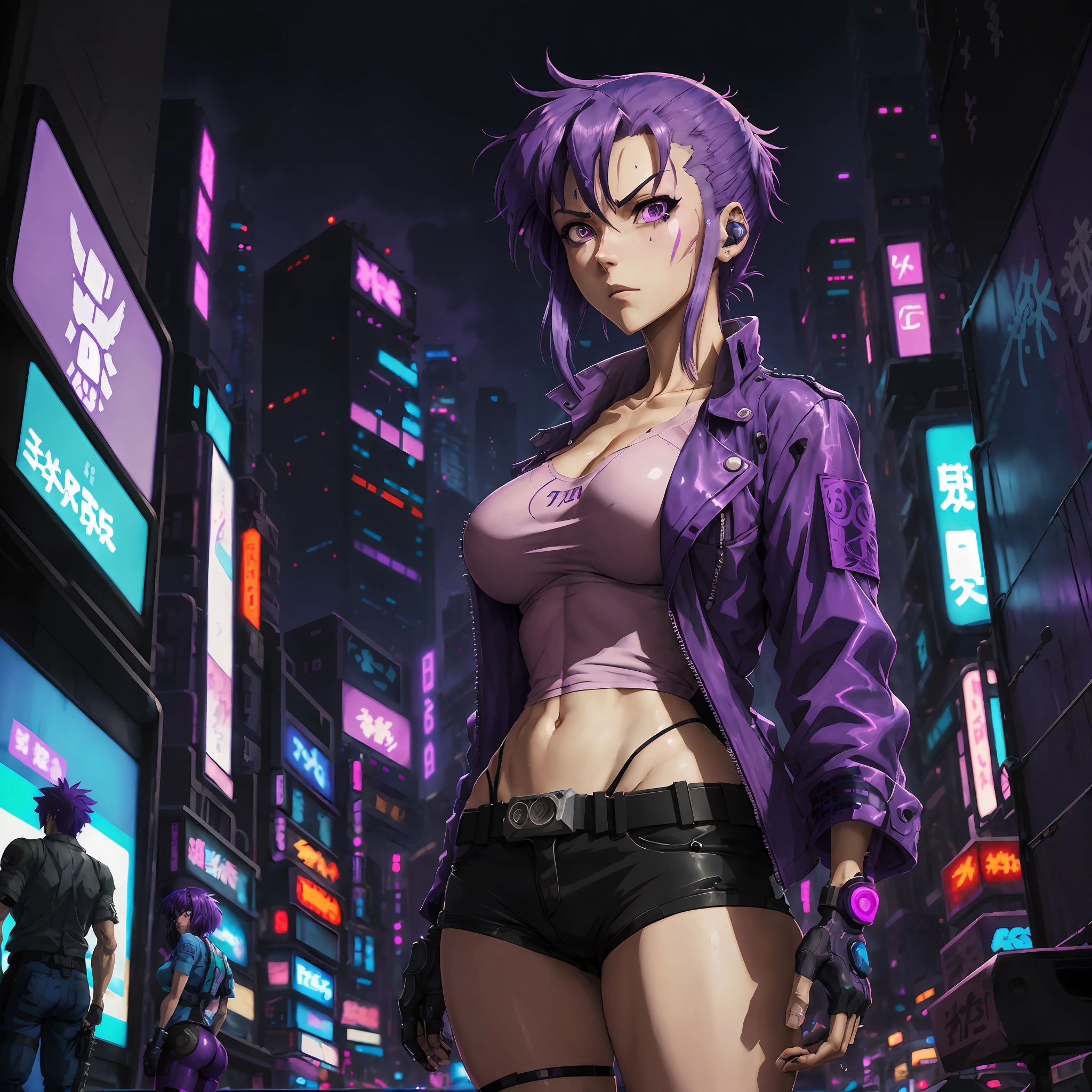 a close up of a woman with purple hair and a blue shirt, gits anime, neo tokyo, gits, in neo tokyo, in the anime ghost in the shell, neo tokyo background, 8 0 s anime vibe, neo-tokyo, neo - tokyo, modern cyberpunk anime, motoko kusanagi, faye valentine from cowboy bebop