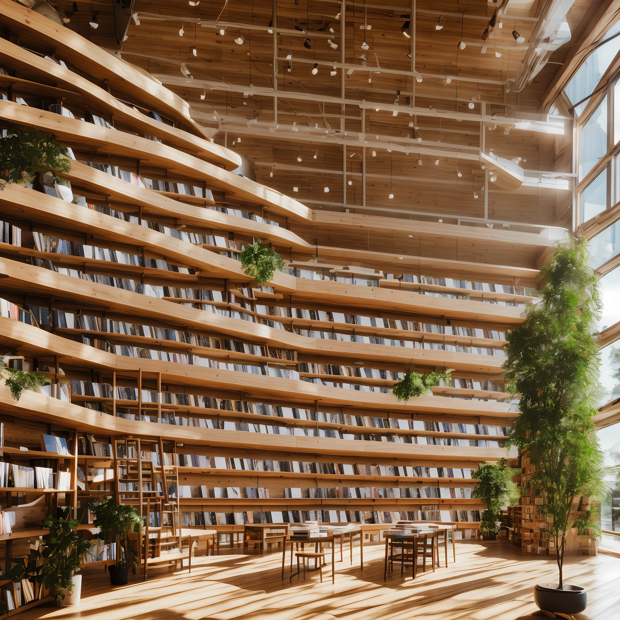ohwx, bookstore, bright, sunny, library, interior, light wood grain bookshelf, wooden floor, clean ceiling, minimalism, many books, large potted greenery, shop, reality, professional light, 8k, 4k, nikon, sony, original, fujifilm