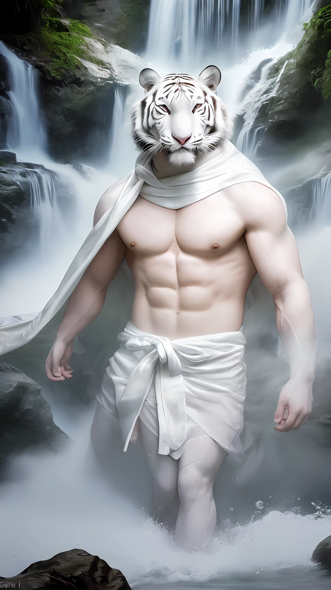 RAW photo, a white tiger, wearing a white robe, full body, front, portrait, real world, highest quality, DSLR, fixed focus, contour light, cool tone, waterfall background, splash, Tyndall effect, cold light source, large contrast, large depth of field,