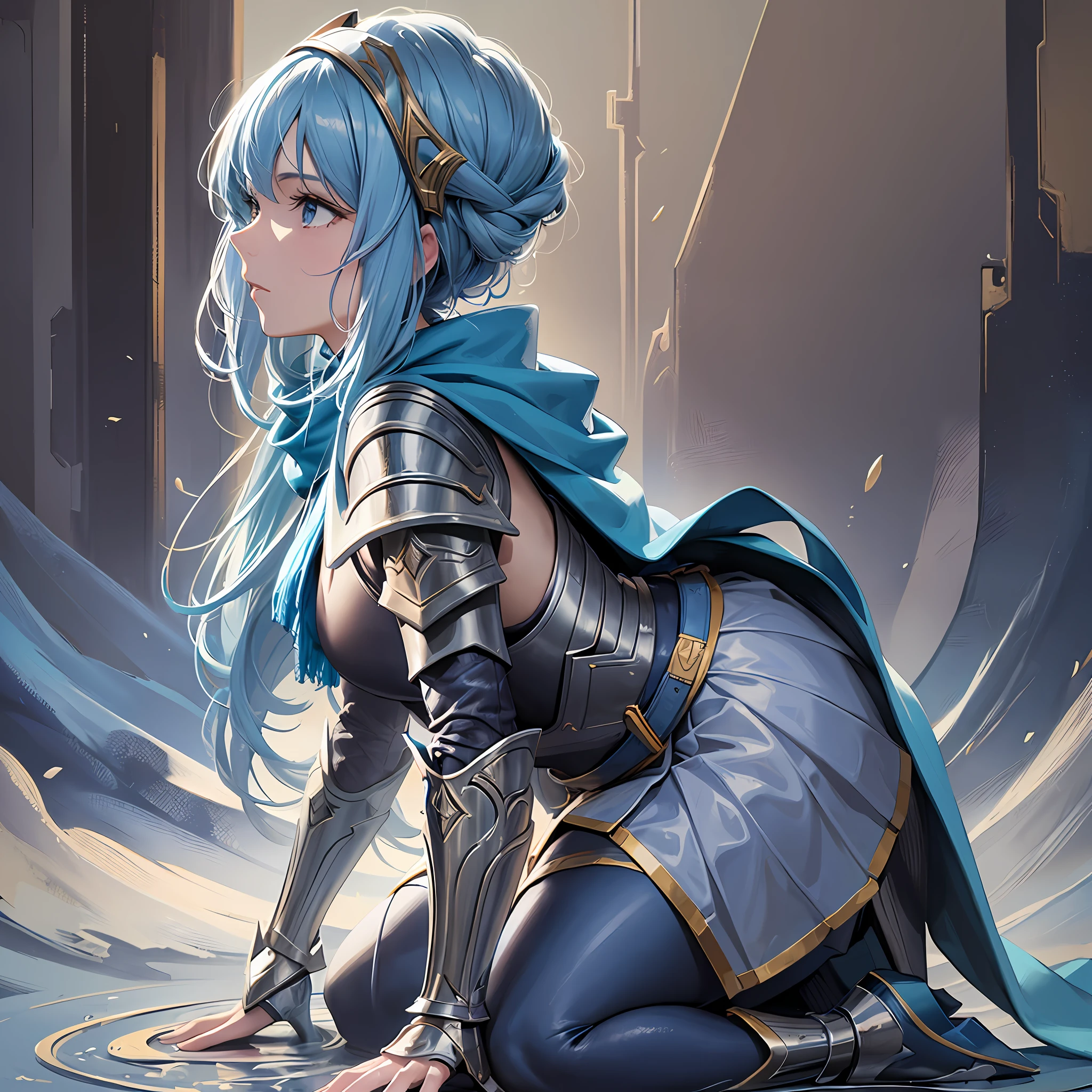 masterwork, full body, the close-up profile of a woman wearing light blue armor and dark blue scarf half kneeling on the bright ground, with a backpack