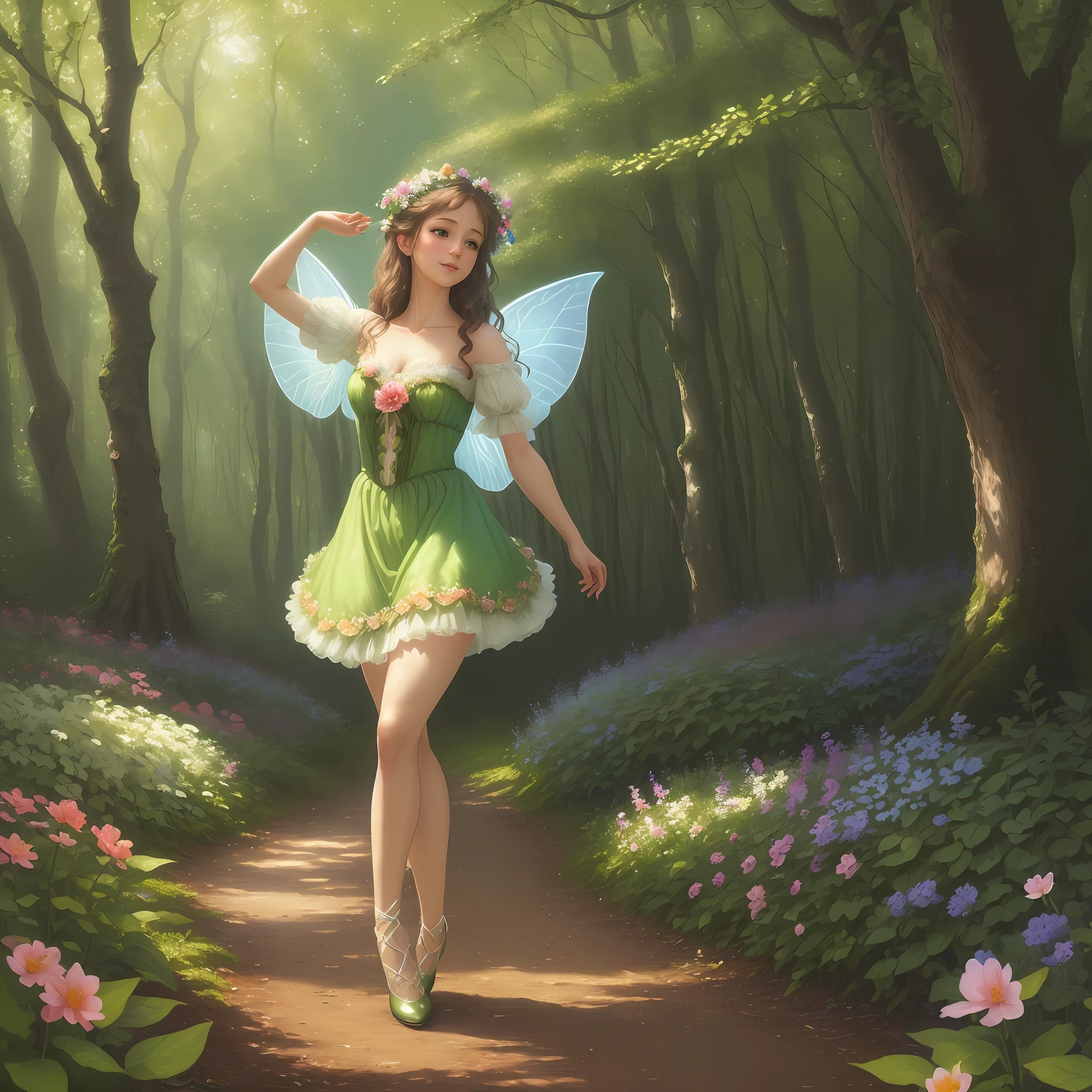 "((Best quality)), ((masterpiece)), ((realistic)), an adorable woodland fairy dancing gracefully in a magical forest clearing, surrounded by vibrant flowers and lush vegetation, with a soft, ethereal glow. Created in the style of Claude Monet's impressionism, this oil on canvas portrait captures the whimsical and enchanting atmosphere of the scene. The colors are in a pastel and vibrant color scheme, evoking a dreamlike quality. The artwork is of high definition and rendered in 4K, bringing the fairy to life in exquisite detail. On eye level, scenic, masterpiece."