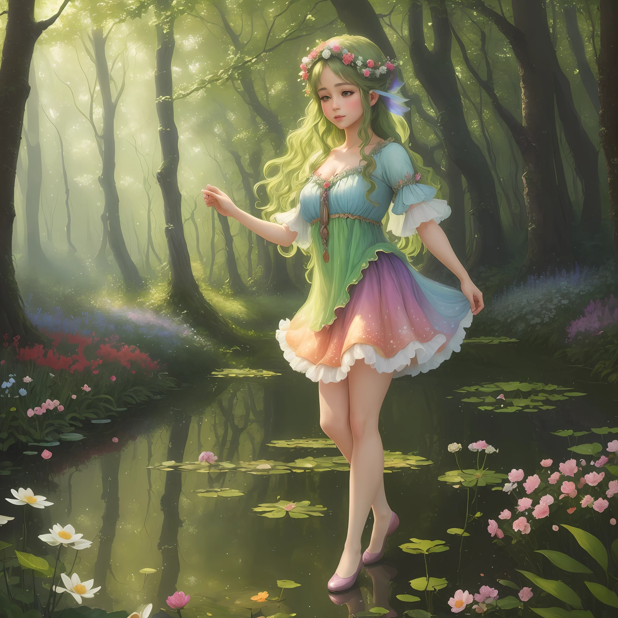 "((Best quality)), ((masterpiece)), ((realistic)), an adorable woodland fairy dancing gracefully in a magical forest clearing, surrounded by vibrant flowers and lush vegetation, with a soft, ethereal glow. Created in the style of Claude Monet's impressionism, this oil on canvas portrait captures the whimsical and enchanting atmosphere of the scene. The colors are in a pastel and vibrant color scheme, evoking a dreamlike quality. The artwork is of high definition and rendered in 4K, bringing the fairy to life in exquisite detail. On eye level, scenic, masterpiece."
