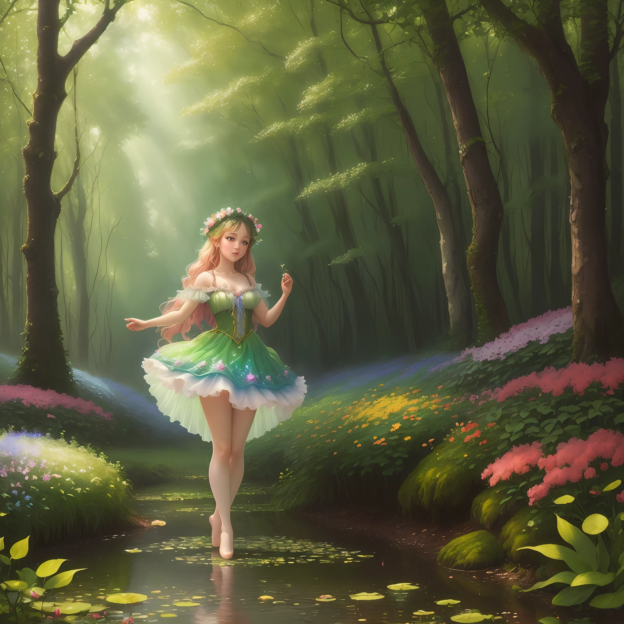 "((Best quality)), ((masterpiece)), ((realistic)), an adorable woodland fairy dancing gracefully in a magical forest clearing, surrounded by vibrant flowers and lush vegetation, with a soft, ethereal glow. Created in the style of Claude Monet's impressionism, this oil on canvas portrait captures the whimsical and enchanting atmosphere of the scene. The colors are in a pastel and vibrant color scheme, evoking a dreamlike quality. The artwork is of high definition and rendered in 4K, bringing the fairy to life in exquisite detail. On eye level, scenic, masterpiece."