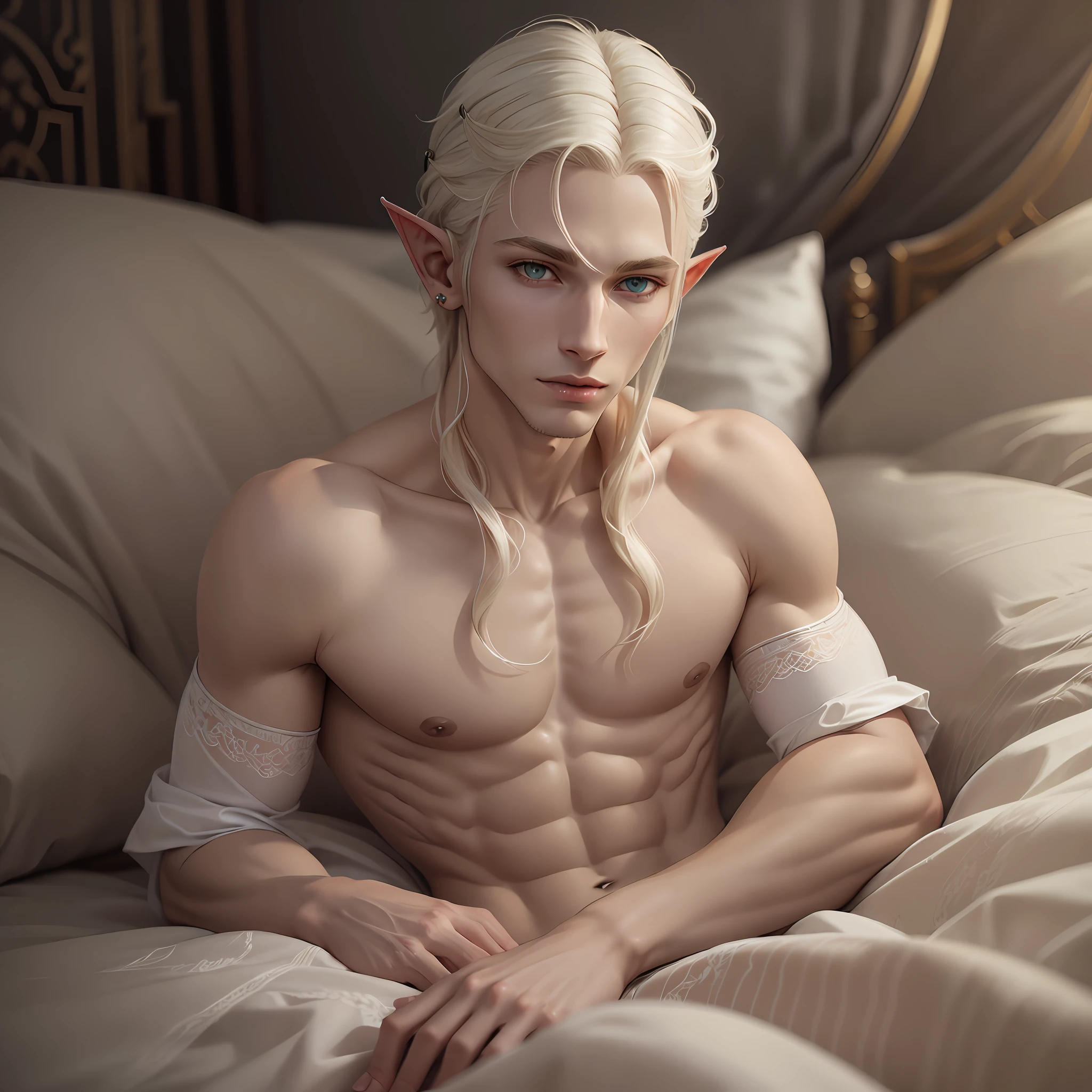 blond elf with white hair and piercings sitting on a bed, lingerie, beautiful male elf, skinny male fantasy alchemist, shiny white skin, elven male, a male elf, of an elden ring elf, delicate androgynous prince, very beautiful elven top model, silvery skinned male elf, beautiful androgynous prince,