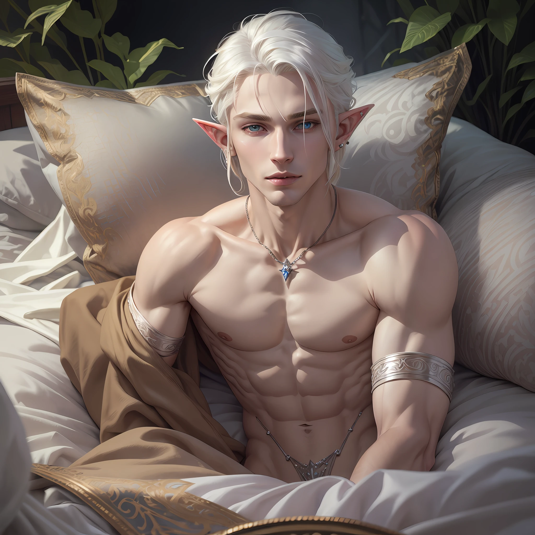 blond elf with white hair and piercings sitting on a bed, lingerie, beautiful male elf, skinny male fantasy alchemist, shiny white skin, elven male, a male elf, of an elden ring elf, delicate androgynous prince, very beautiful elven top model, silvery skinned male elf, beautiful androgynous prince,