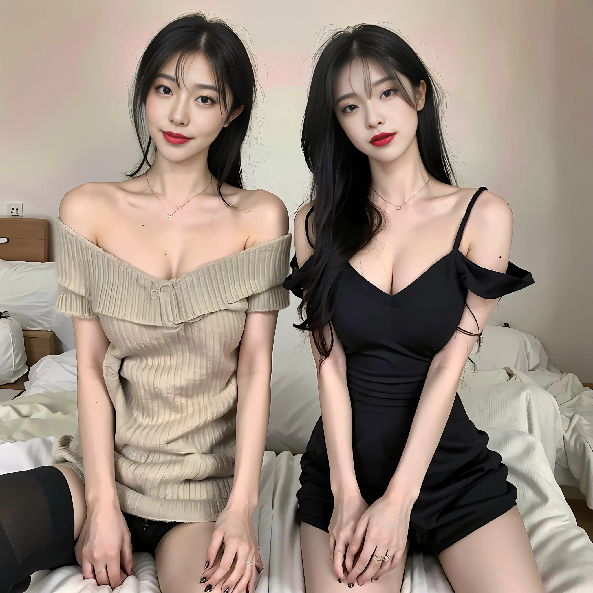 ((Best Quality, 8K, Masterpiece:1.3)), Perfect Body Beauty: 1.4, Buttocks: 1.2, ((Delicate Long Hair)), Highly detailed face and skin texture, Fine eyes, Double eyelids, Whitened skin, Smile, wearing necklace, ring, in bed, sun on person's face, Big breasts, bare shoulders, collarbone, blush, bare shoulders, bangs, black necklace, short sleeves, pantyhose, shorts, knee up, sweater, thighs, (lying in bed: 3), (licking: 3), (Toes: 3) (Huge chest: 3), oversized chest, full body, M legs