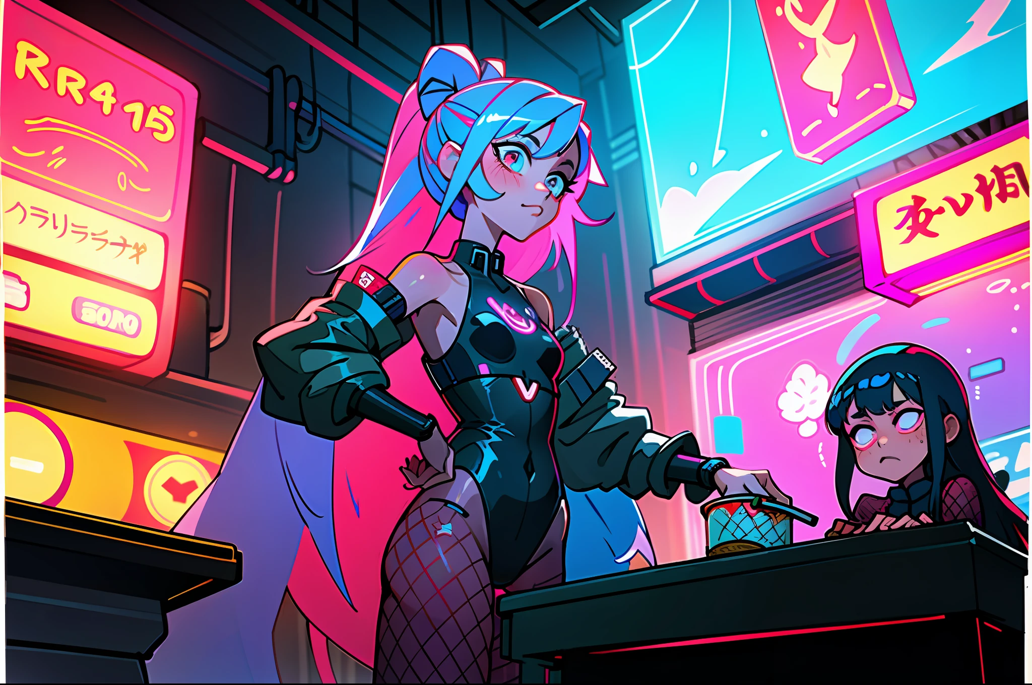 (best quality, masterpiece), 2girls, hologram, cyberpunk, neon, fog, (cartoon: 1.5), thong, tight, small, neon signs, ramen shop, fishnet stockings very low, transparent, very long hair, on piece suit, latex