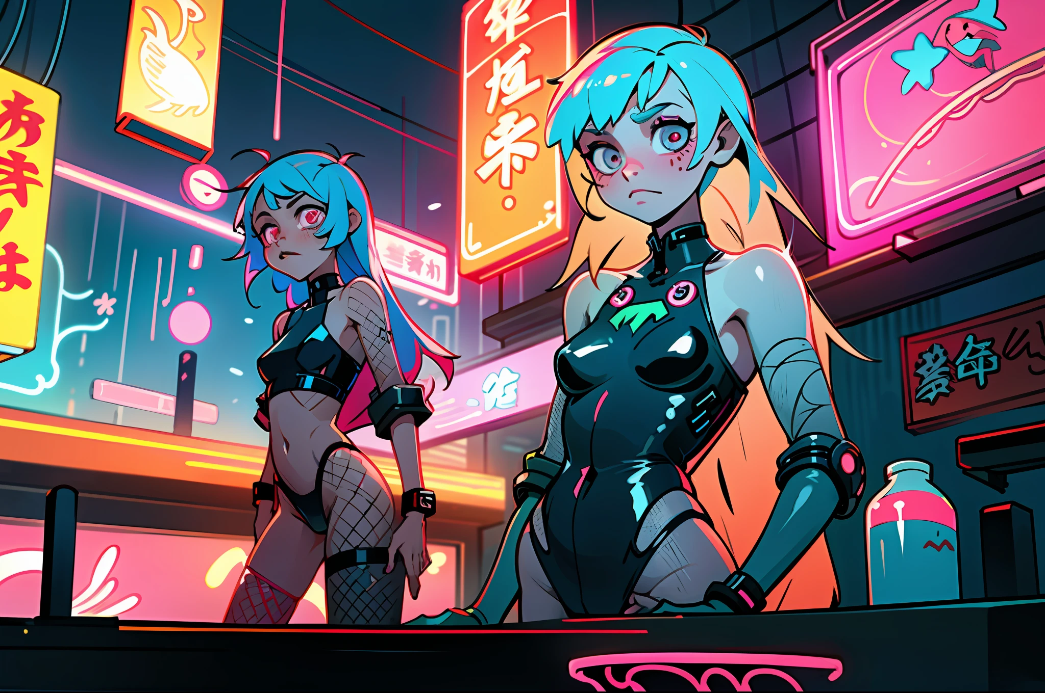 (best quality, masterpiece), 2girls, hologram, cyberpunk, neon, fog, (cartoon: 1.5), thong, tight, small, neon signs, ramen shop, fishnet stockings very low, transparent, very long hair, on piece suit, latex