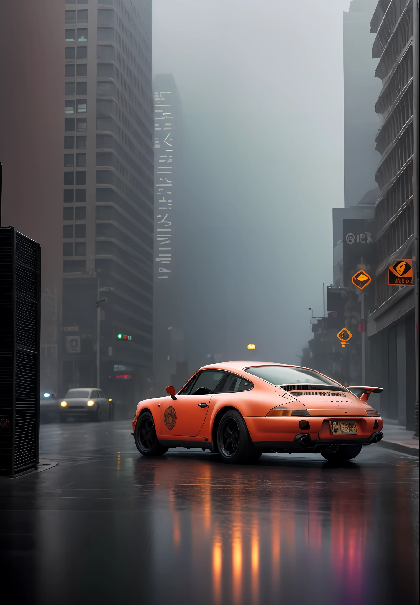 (masterpiece) high detailed RAW, a post apocalyptic old 911 porsche is running through a vivid rainbow themed cyberpunk city , hassanfantasy style , by Jeremy Mann, neon signage, symbolism,fog, rainy day, refection, scurry people, ultra realistic highly detailed intricate photorealistic