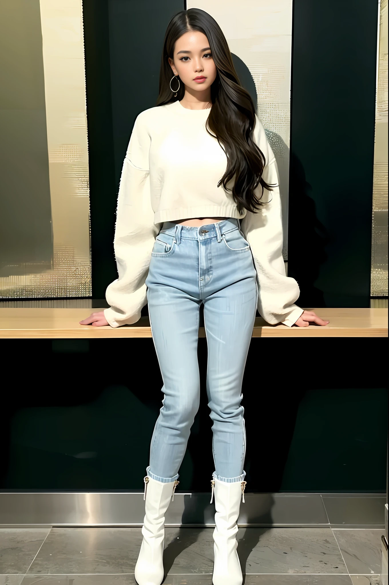 (masterpiece:1.2, best quality), 1lady, solo, upper body, big tits
Dark wash skinny jeans, oversized sweater, ankle boots
Loose waves, center part
simple hoop earrings
green Park