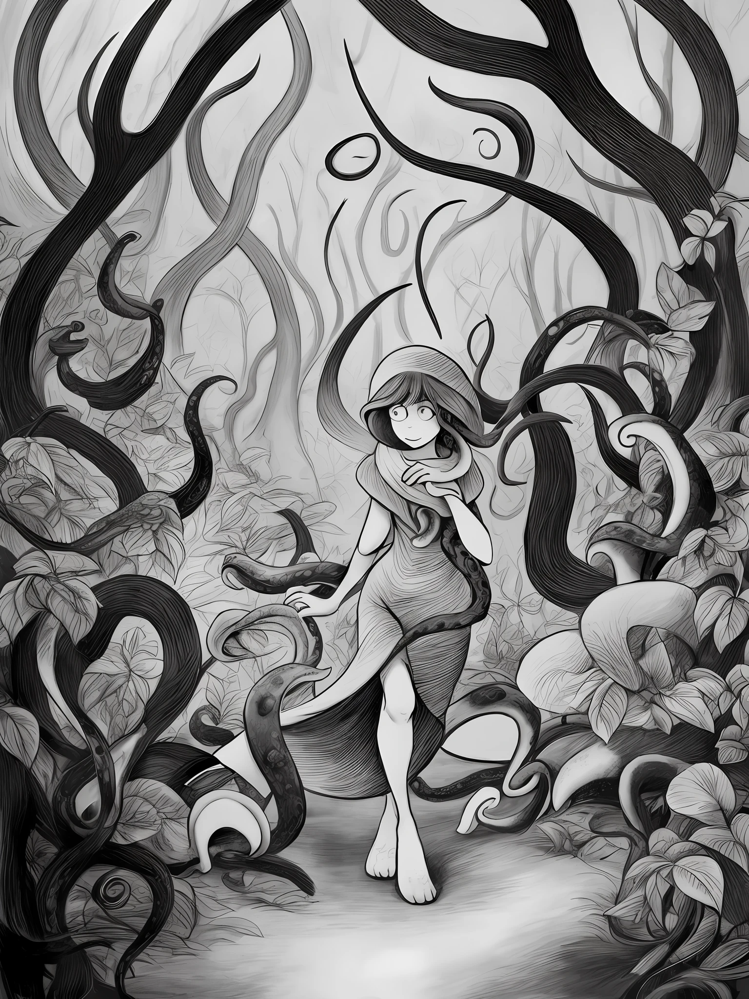 a black and white illustration of a woman walking through a forest with an octopus in the background by Lotte Reiniger