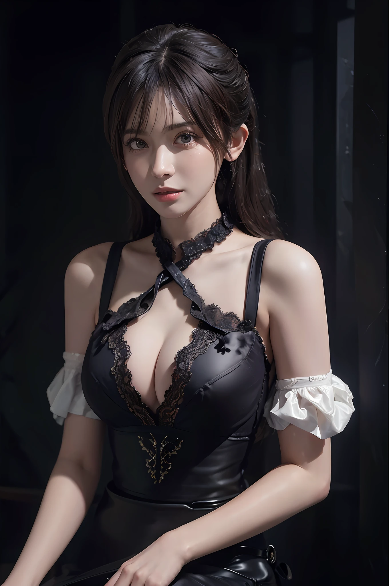 (front focus), (in the dark:1.6), Hyperrealist portrait of female by david hockney and alphonse mucha, fantasy art, photo realistic, dynamic lighting, artstation, poster, volumetric lighting, very detailed faces, big breasts, 4 k, award winning, 1girl, in the dark, deep shadow, low key, cowboy shot, (sexy lace clothing:1.4), long hair, black hair
