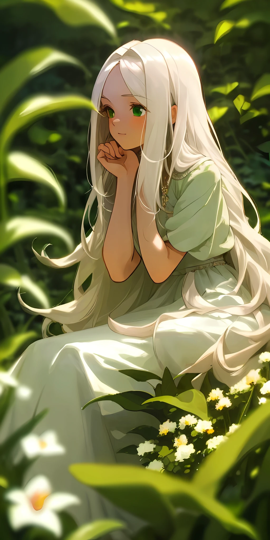 (masterpiece, best quality),1girl with long white hair sitting in a field of green plants and flowers, her hand under her chin, warm lighting, white dress, blurry foreground