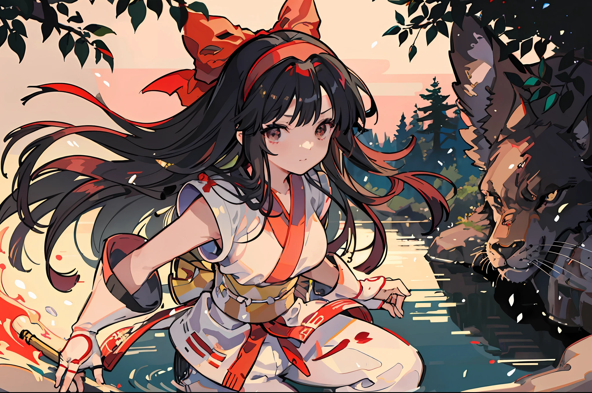 masterpiece, best quality,1girl, red bow, bow, long hair, hair bow, ainu clothes, solo, hairband, black hair, fingerless gloves, short sleeves, gloves, sash, pants, bangs, red hairband, weapon, breasts, brown eyes, white pants, japanese clothes, nakoruru, light smile, officials art, good composition,m, detailed portrait, portrait, bokeh, forest with river, sun behind back, pencil style, traditional brush, samurai, onmyoji style, high resolution, dramatic lighting and shadow, sun flared, blurry foreground, blood plashing around, looking at viewer, hands behind back, arms behind, hands not in view, face shading