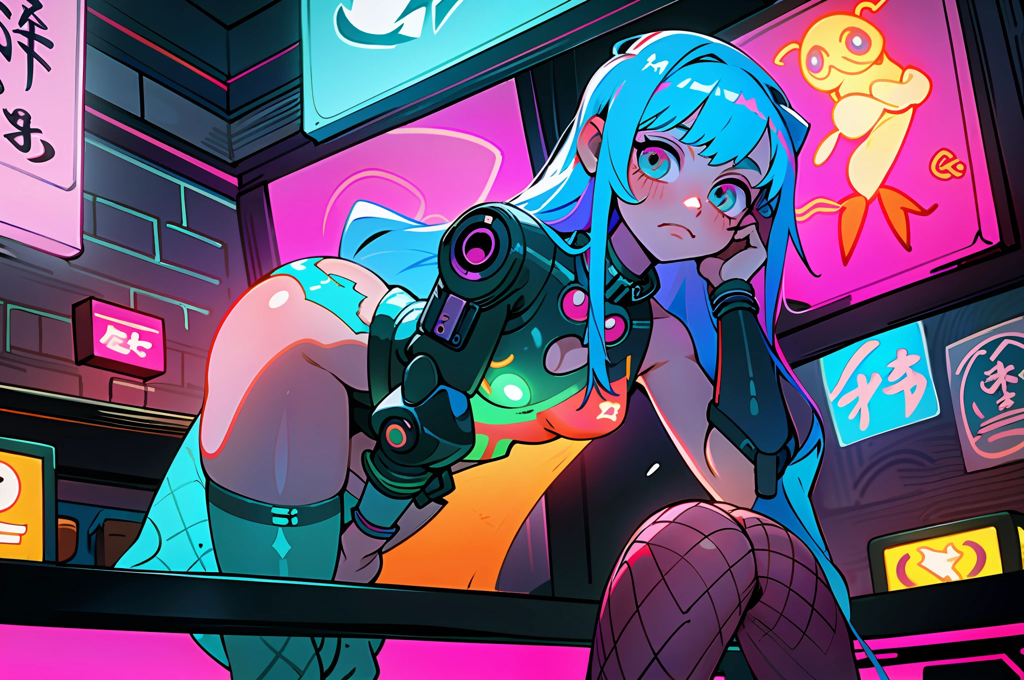 (best quality, masterpiece), 2girls, hologram, cyberpunk, neon, fog, (cartoon: 1.5), thong, tight, small, neon signs, ramen shop, fishnet stockings very low, transparent, very long hair, on piece suit, latex