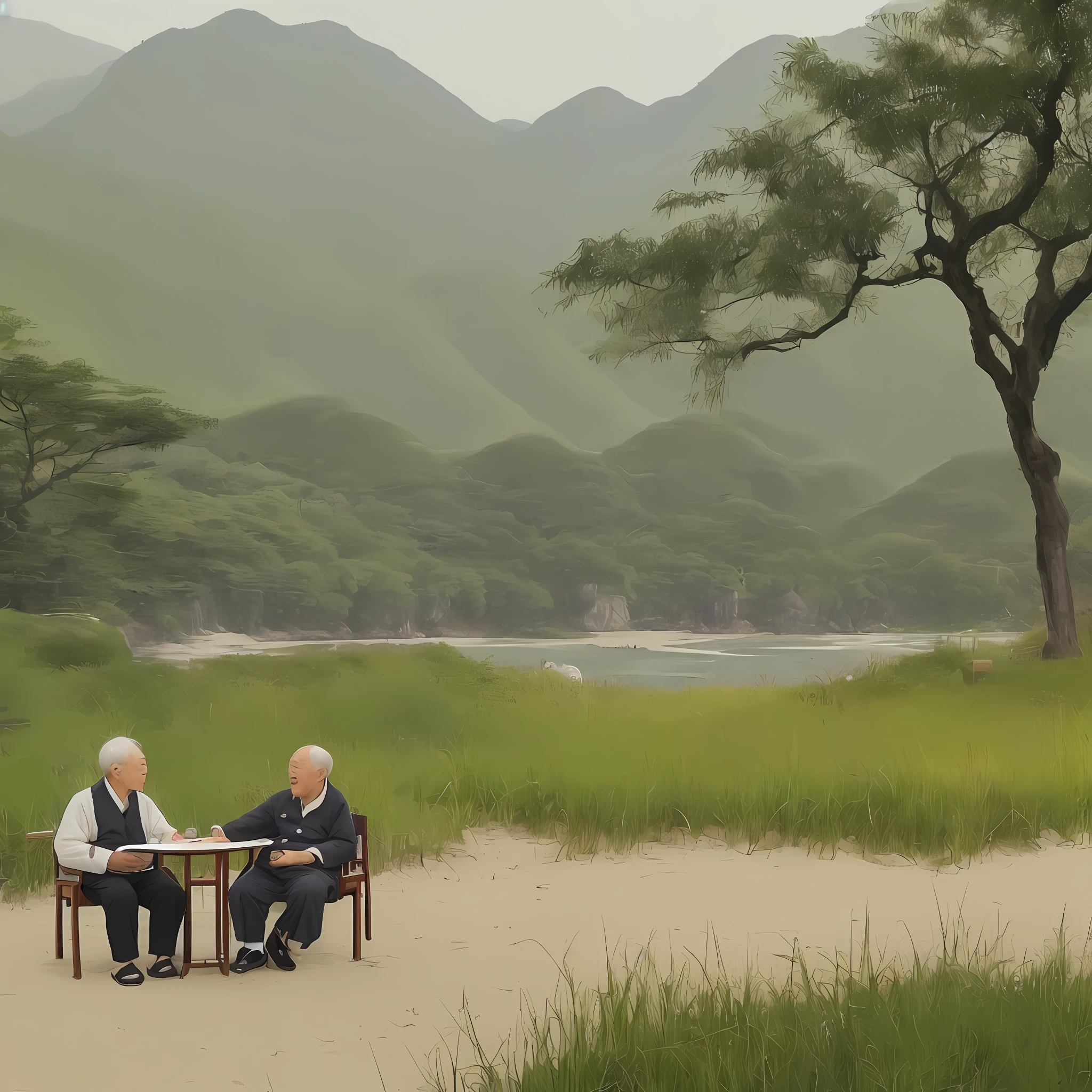 Between Huaiyang, he saw two old men on the shore meet and sat down in the grass pavilion on the shore. Traditional chinese painting