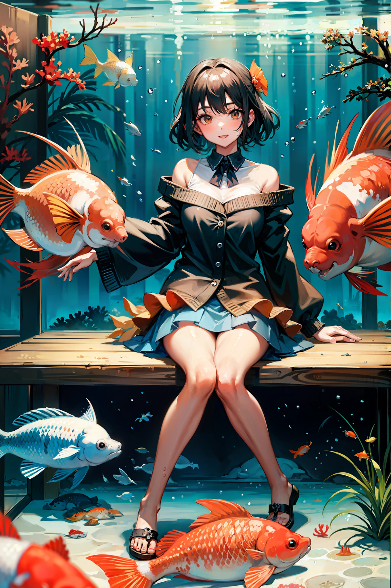 [(1girl:2), sitting in wooden bench::5], underwater, bubbles, large aquarium, sea world, group carp, koi fish:1.4, coral reef, coral, reef, (simple), colorful, interior:1.2, Play, Have Fun