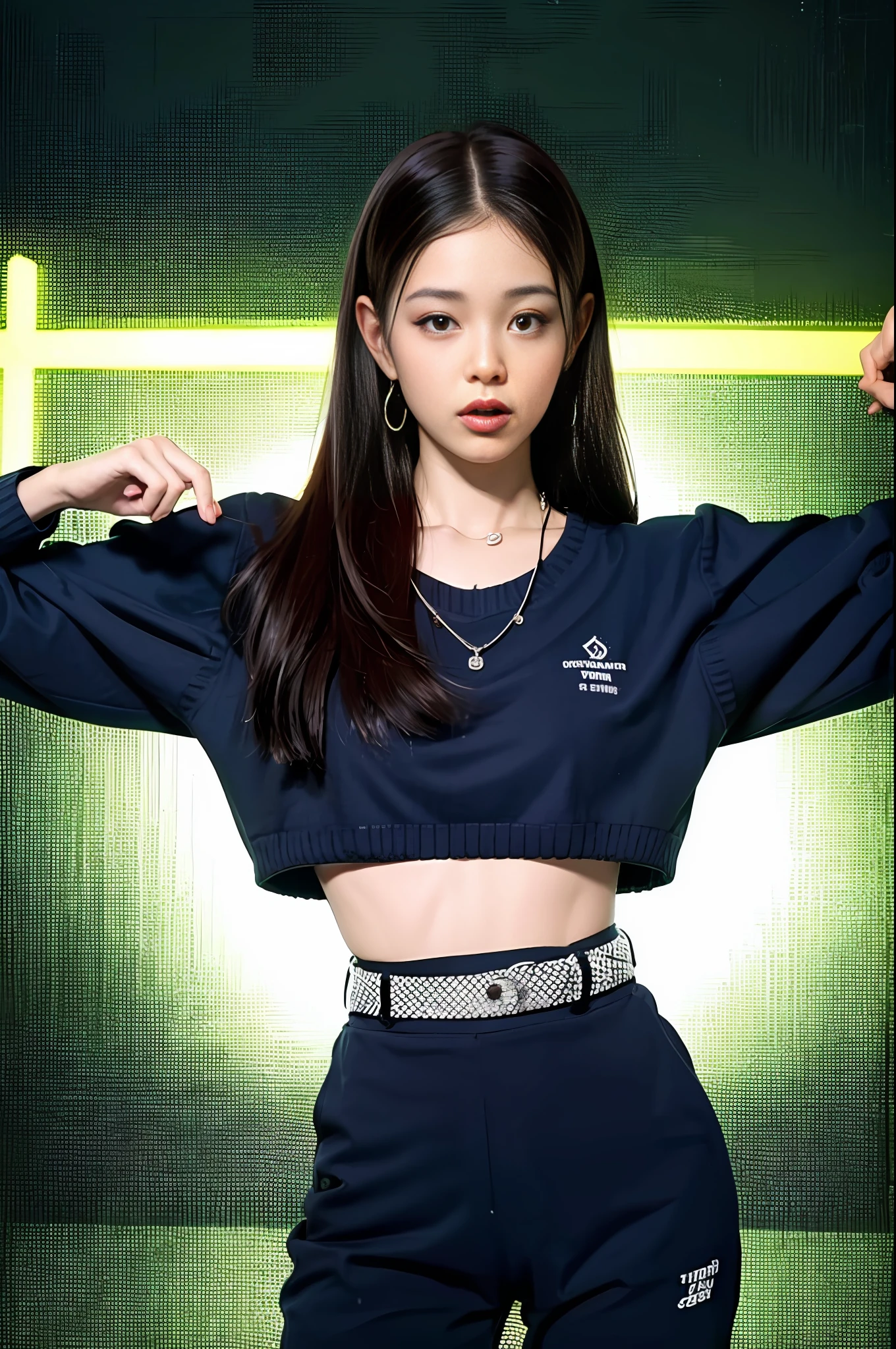 woman, 1girl, solo, breasts, thighs, neon palette, cropped sweater, midriff, sweater, 1girl, detailed face, hanging laterns, illustrated, ttpt-fc ,