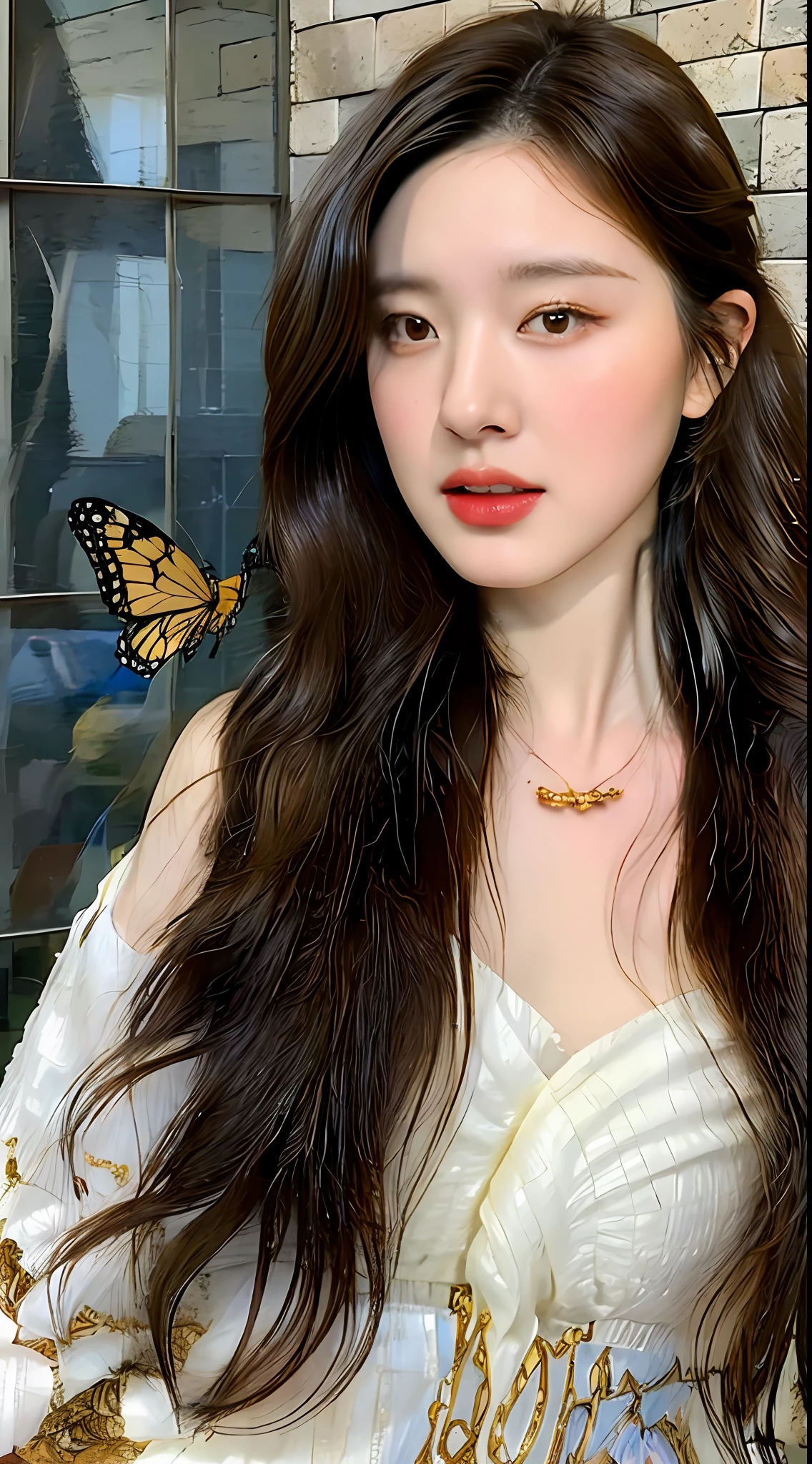 Style-Empire, 8k portrait of beautiful young woman with brown hair, intricate, elegant, highly detailed, majestic, digital photography, art by artgerm ruan jia and greg rutkowski surreal wet paint gold butterfly filigree, broken glass