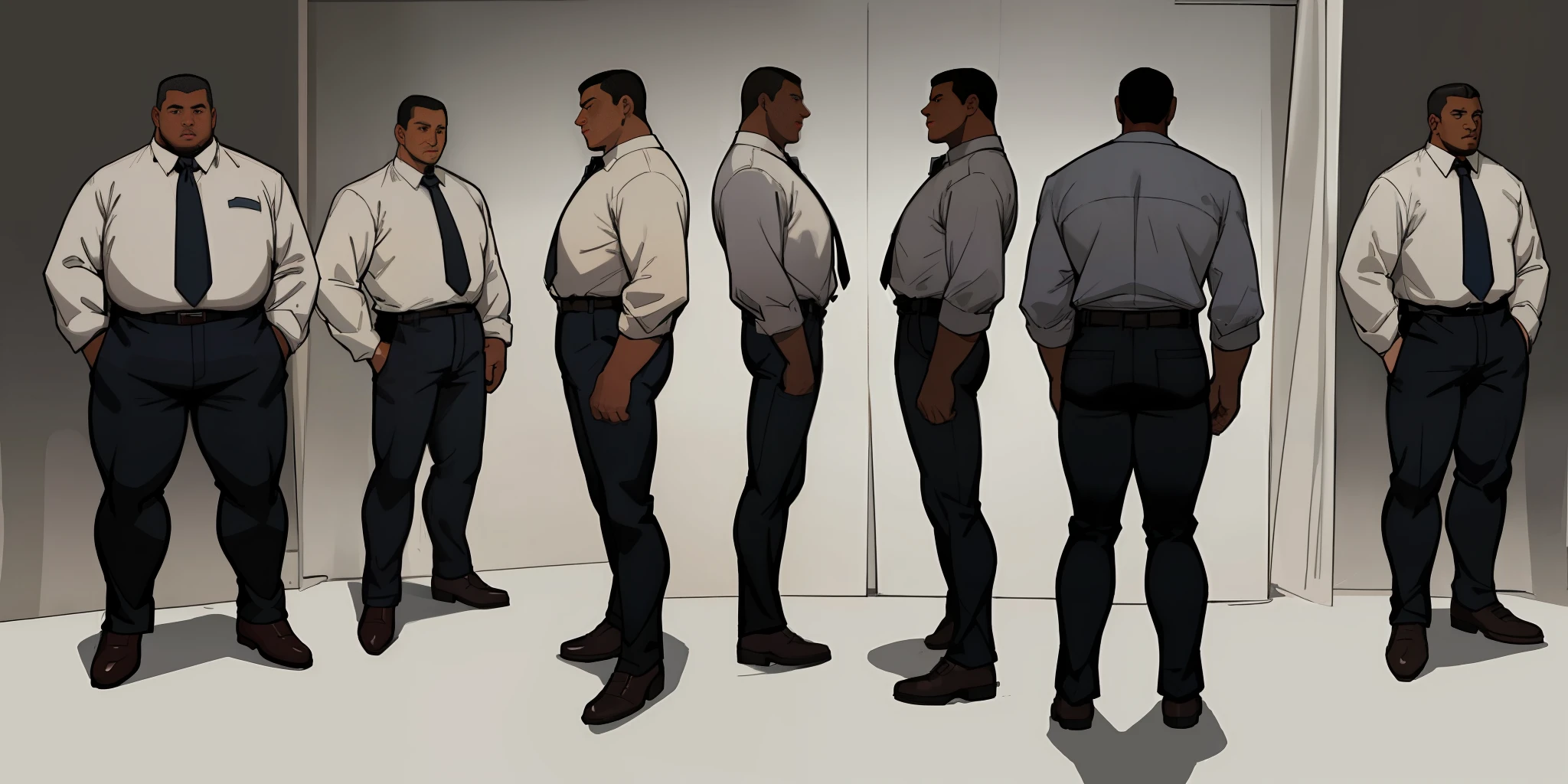 Masterpiece, best quality, (very detailed CG unit 4k wallpaper), (best quality), (best illustration), (SHARP FACE), (best shadows) 1 ADULT BLACK MAN, character sheet, concept art, (full body, masterpiece: 1.2), (best quality: 1.3), 1 OVERWEIGHT MATURE BLACK MAN FROM THE 50S, OLD JEANS WEARING A SIMPLE BUTTON-DOWN SHIRT, insecure pose, with black hair, standing, wearing businessman clothes,