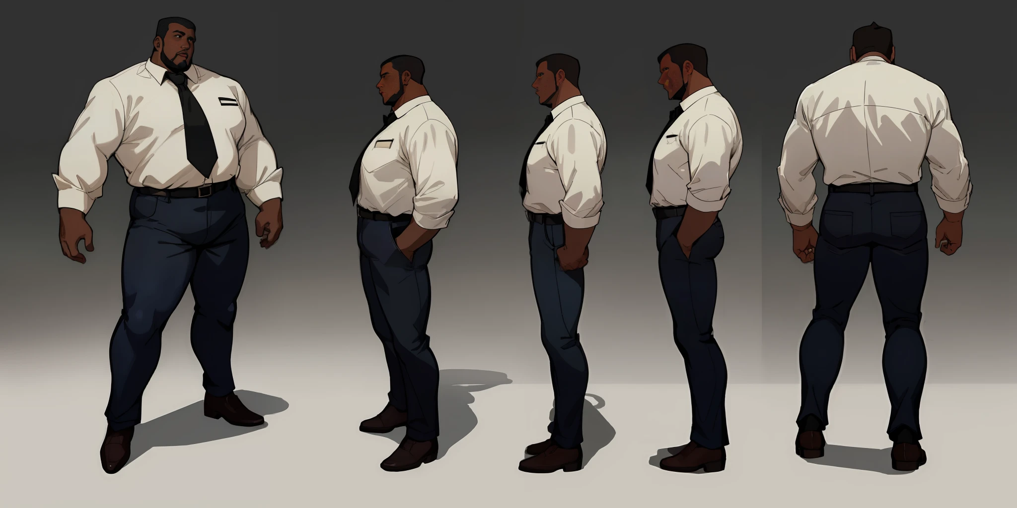 Masterpiece, best quality, (very detailed CG unit 4k wallpaper), (best quality), (best illustration), (SHARP FACE), (best shadows) 1 ADULT BLACK MAN, character sheet, concept art, (full body, masterpiece: 1.2), (best quality: 1.3), 1 OVERWEIGHT MATURE BLACK MAN FROM THE 50S, OLD JEANS WEARING A SIMPLE BUTTON-DOWN SHIRT, insecure pose, with black hair, standing, wearing businessman clothes,