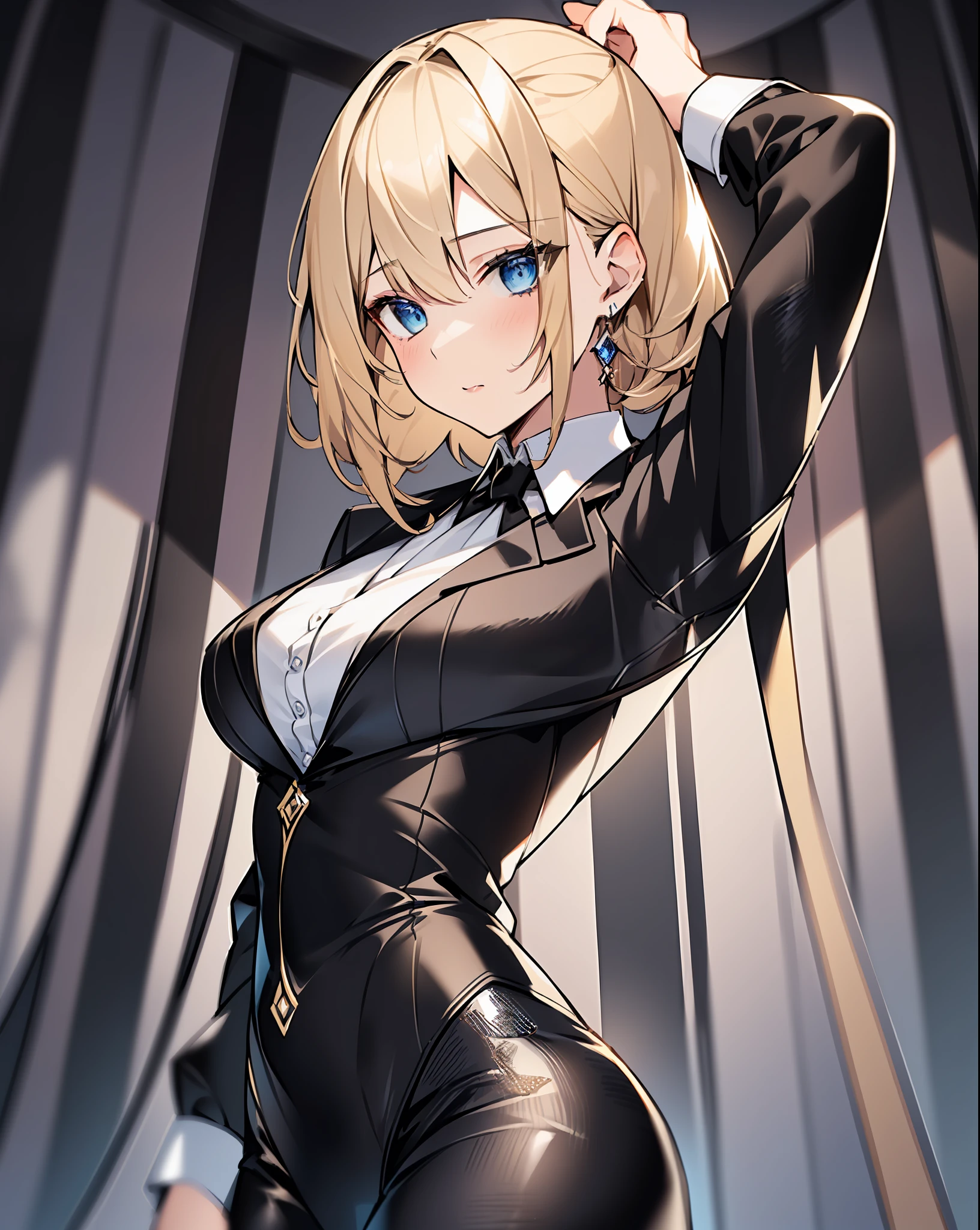 1female, best quality, highly detailed, masterpiece, ultra-detailed, (((black suit))), black tie, solo, white background, delicate eyes, short hair, blue eyes, (blonde_hair:1.2), wariza, (((bored))), cinematic angle, fluttering clothes
