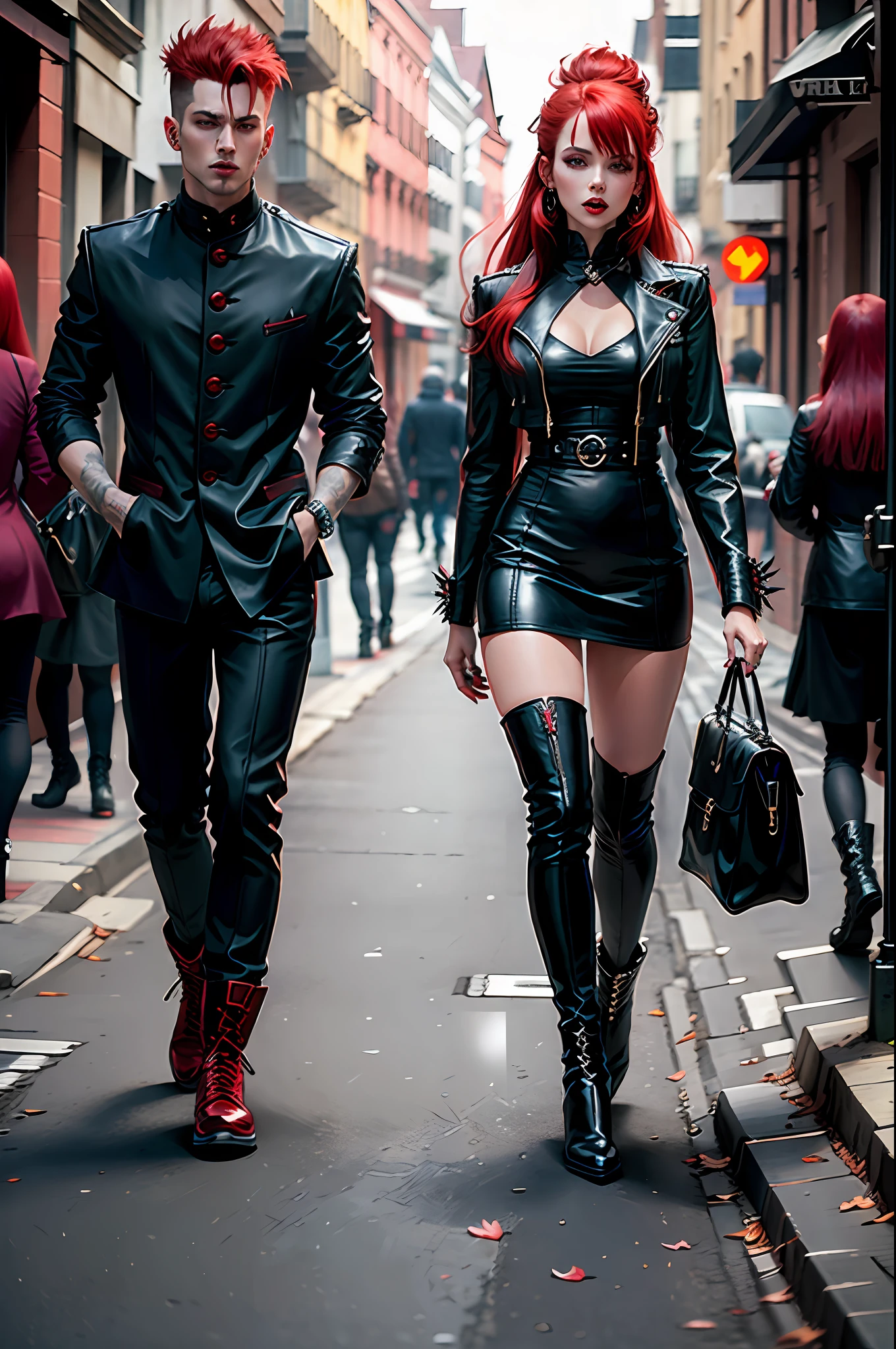 Vampire woman with black outfit walking on the red-haired street with high top boots