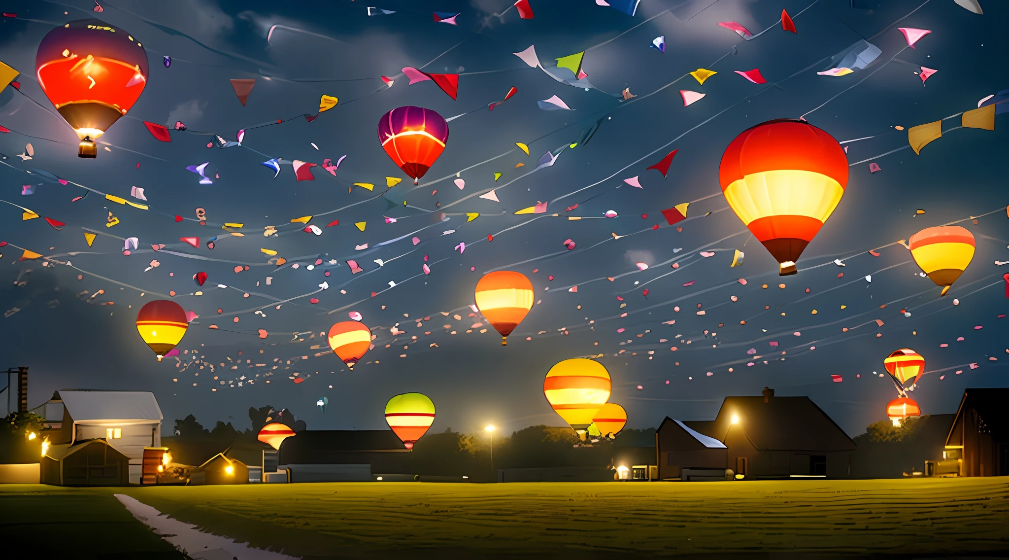 Night illuminated by balloons, colorful flags, farm.