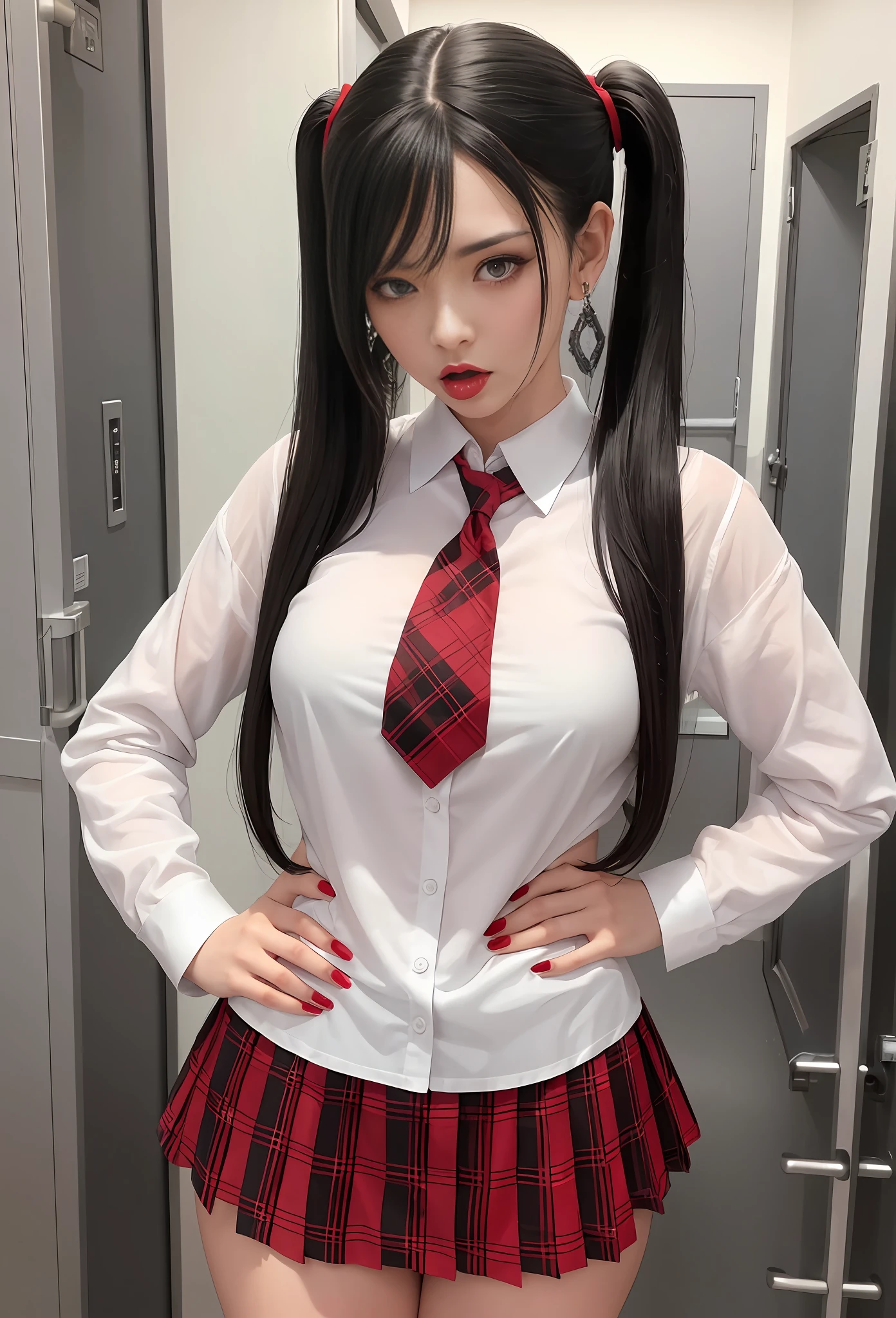 Best resolution, Best quality, Ultra realistic, Beautiful skin, No mole, Beauty, Black hair, Twin tails, Black ribbon, Earrings, Bracelet, dark makeup, Red eyes, Red lips, Red nails, Red schoolgirl uniform, plaid super mini skirt, sheer white shirt, short plaid tie, big, very sheer lingerie, black pantyhose, school gate, showing off breasts and crotch, angry, hands on hips, looking at camera, mouth wide open and tongue sticking out