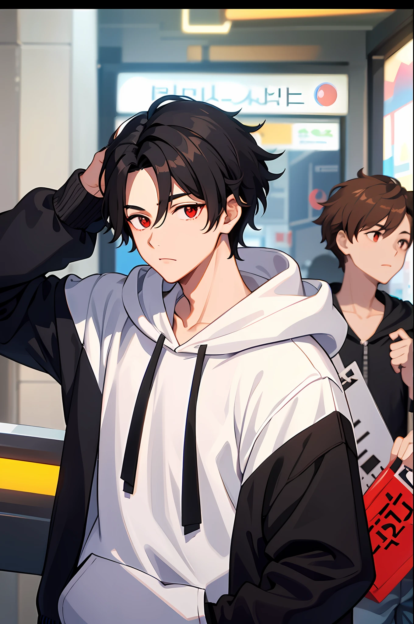 1 boy, handsome boy, black hair, comma hair, comma forehead hair, korean hair, street style, hoodie, bright, red eyes, looking at system screen, upper body
