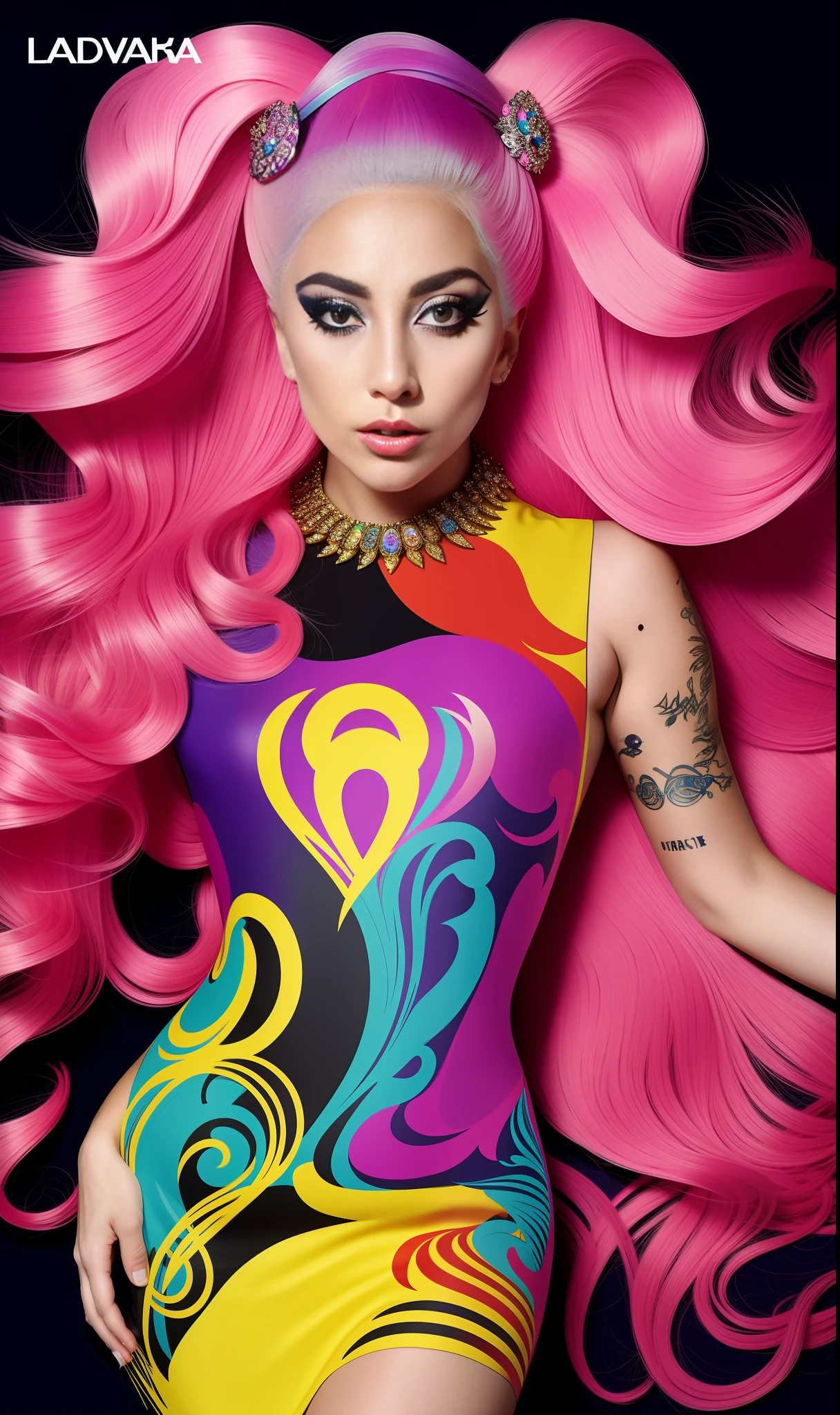 lady gaga with colorful Versace Japanese print dress, 4K texture, long hair, high quality, extravagant hairstyle, original album cover, 8k image, futuristic, high image quality, at night, hair accessories, realistic and defined face, 1.80 image quality, sharp image quality, various poses