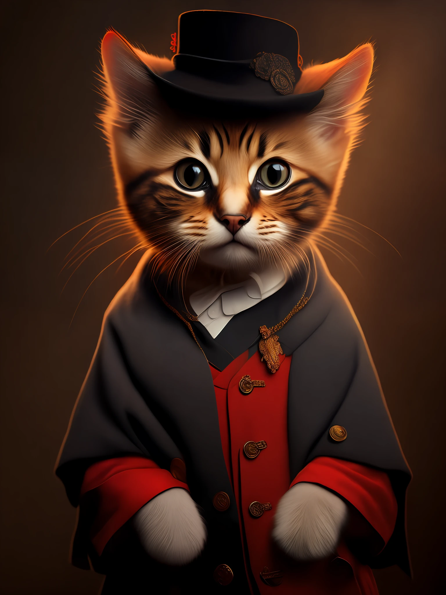 Portrait, cute cat cub wearing beefeater clothes, low light, moody