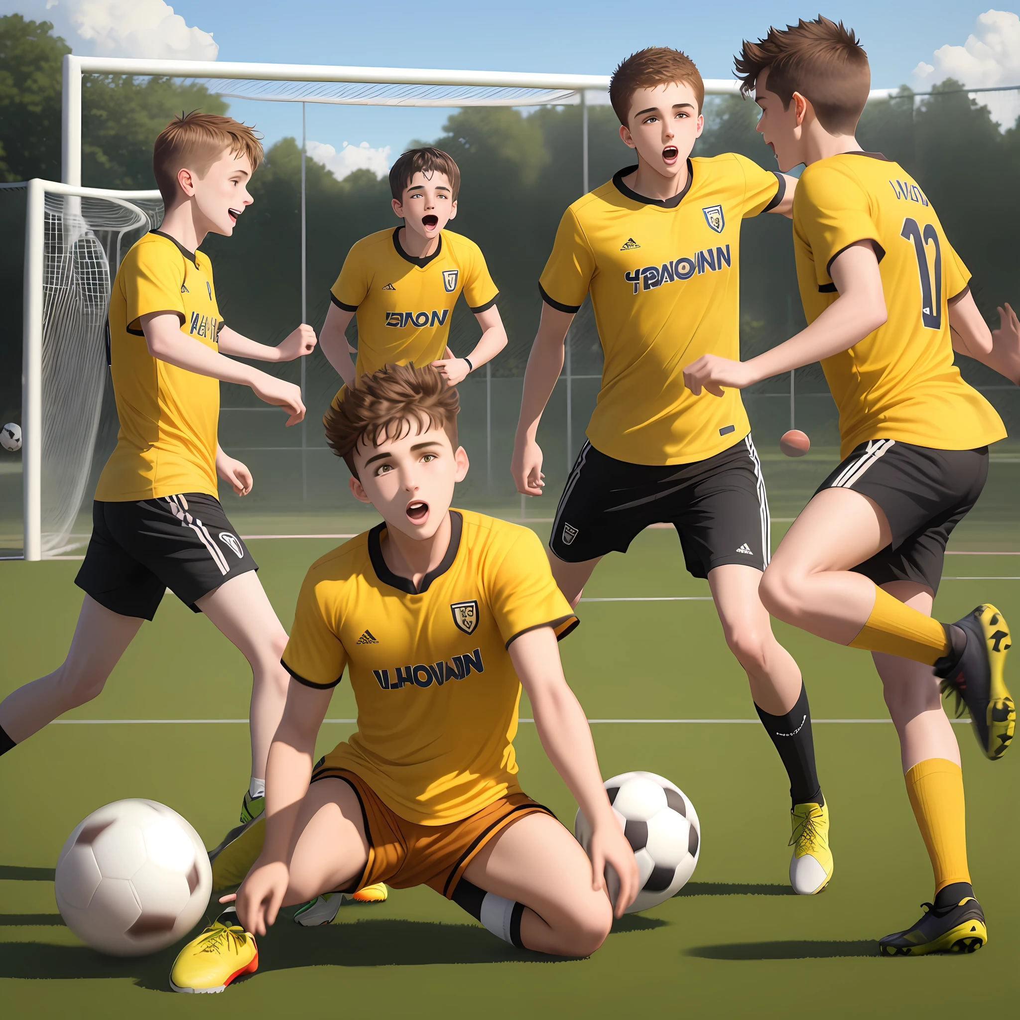 Three young men playing, playing ball, on a soccer field, with yellow T-shirts, brown hair