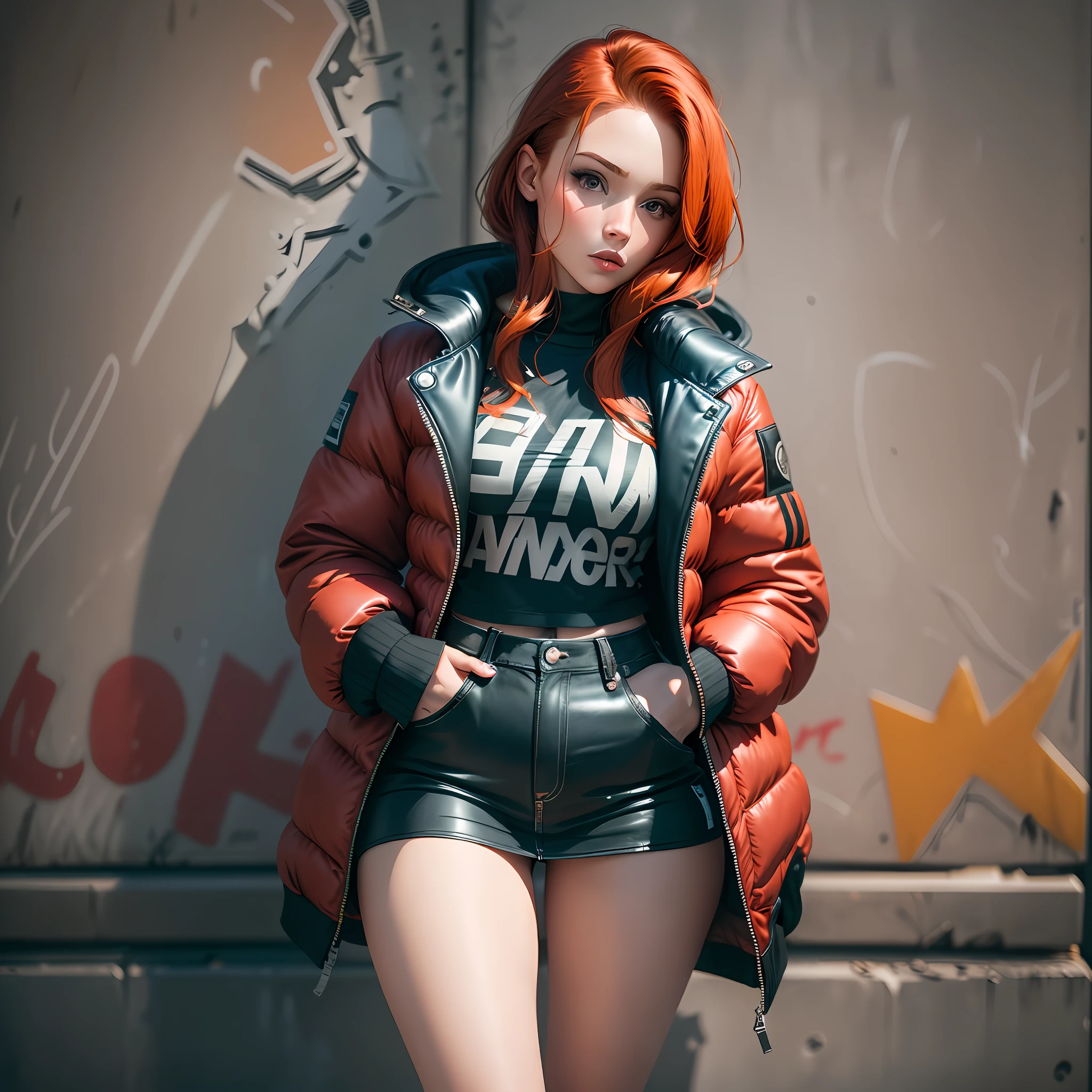 (35mm film grain, cinematic lighting), a stylish and sexy redhead girl with a trendy puffer jacket, standing against a wall with vibrant graffiti art in the background.