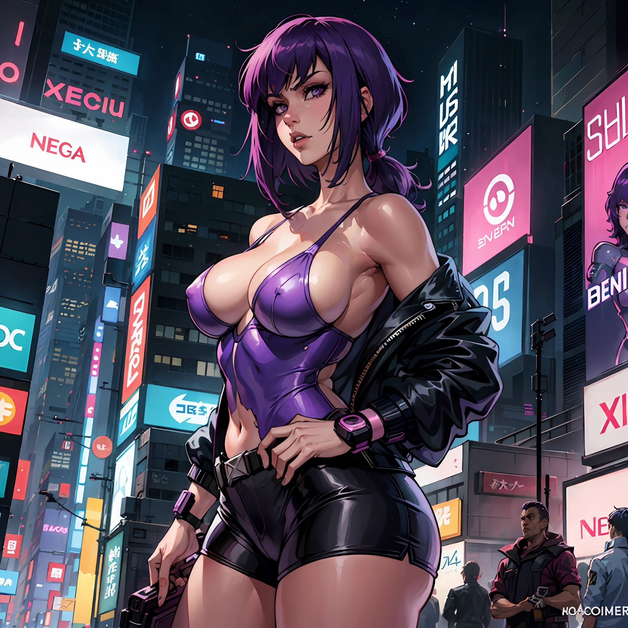 a close up of a woman with purple hair and a blue shirt, gits anime, neo tokyo, gits, in neo tokyo, in the anime ghost in the shell, neo tokyo background, 8 0 s anime vibe, neo-tokyo, neo - tokyo, modern cyberpunk anime, motoko kusanagi, faye valentine from cowboy bebop,sologirl,cowboy shot