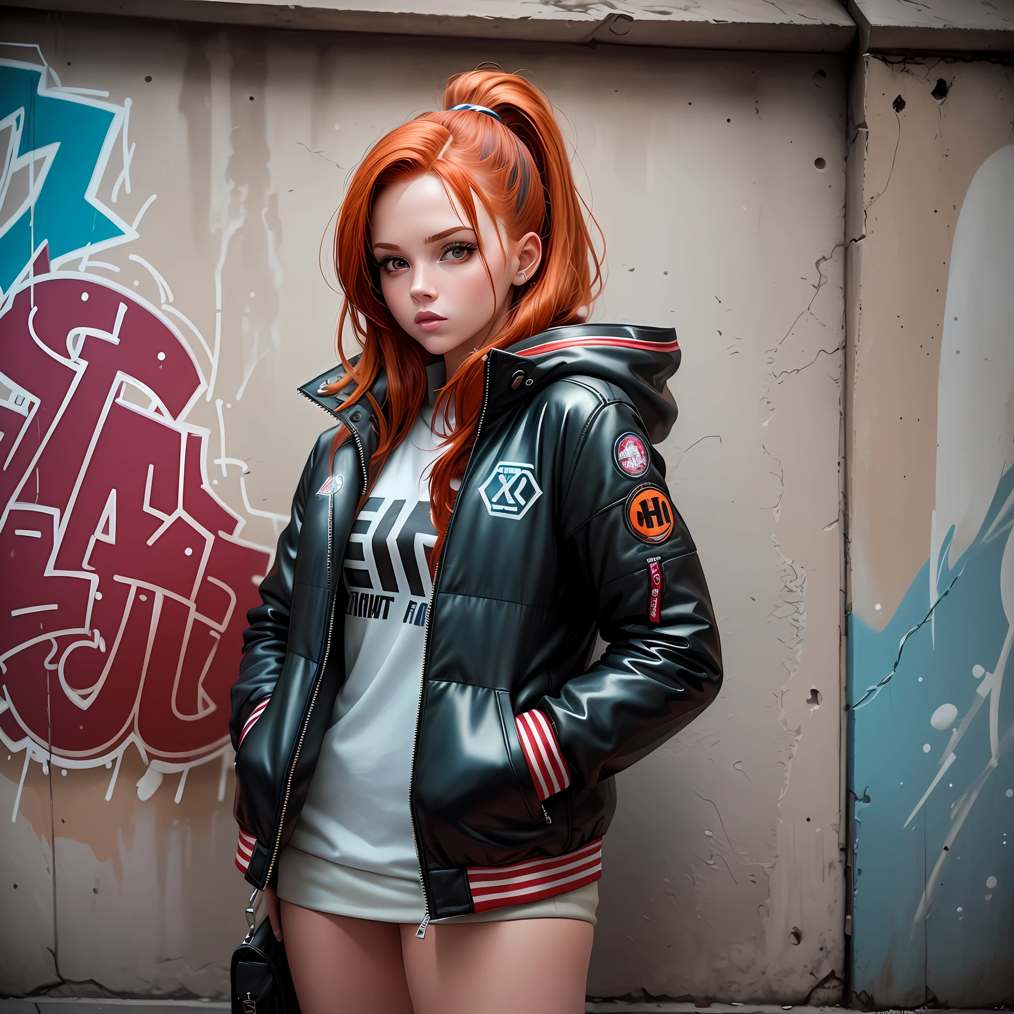 (35mm film grain, cinematic lighting), a stylish and sexy redhead girl with a trendy puffer jacket, standing against a wall with vibrant graffiti art in the background.