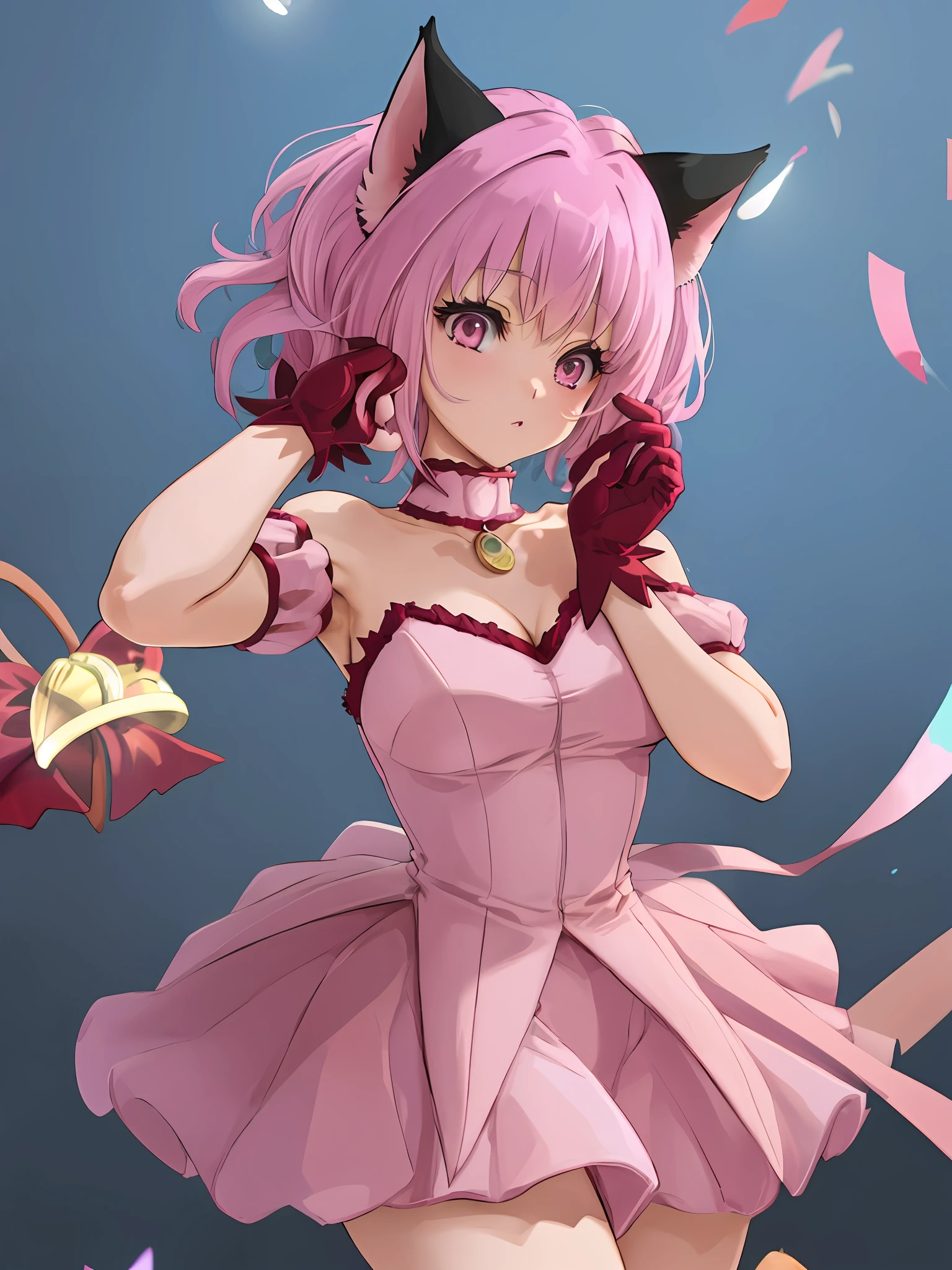 "(extremely detailed CG unity 8k wallpaper, masterpiece, best quality, ultra-detailed),(best illumination, best shadow, an extremely delicate and beautiful), floating, dynamic angle, a gorgeous cat girl with pink hair wearing a beautiful pink dress, a choker, a tail ornament, a tail bow, detached sleeves, gloves, and a cat tail with a tail bell, night, full moon, sexy pose, female