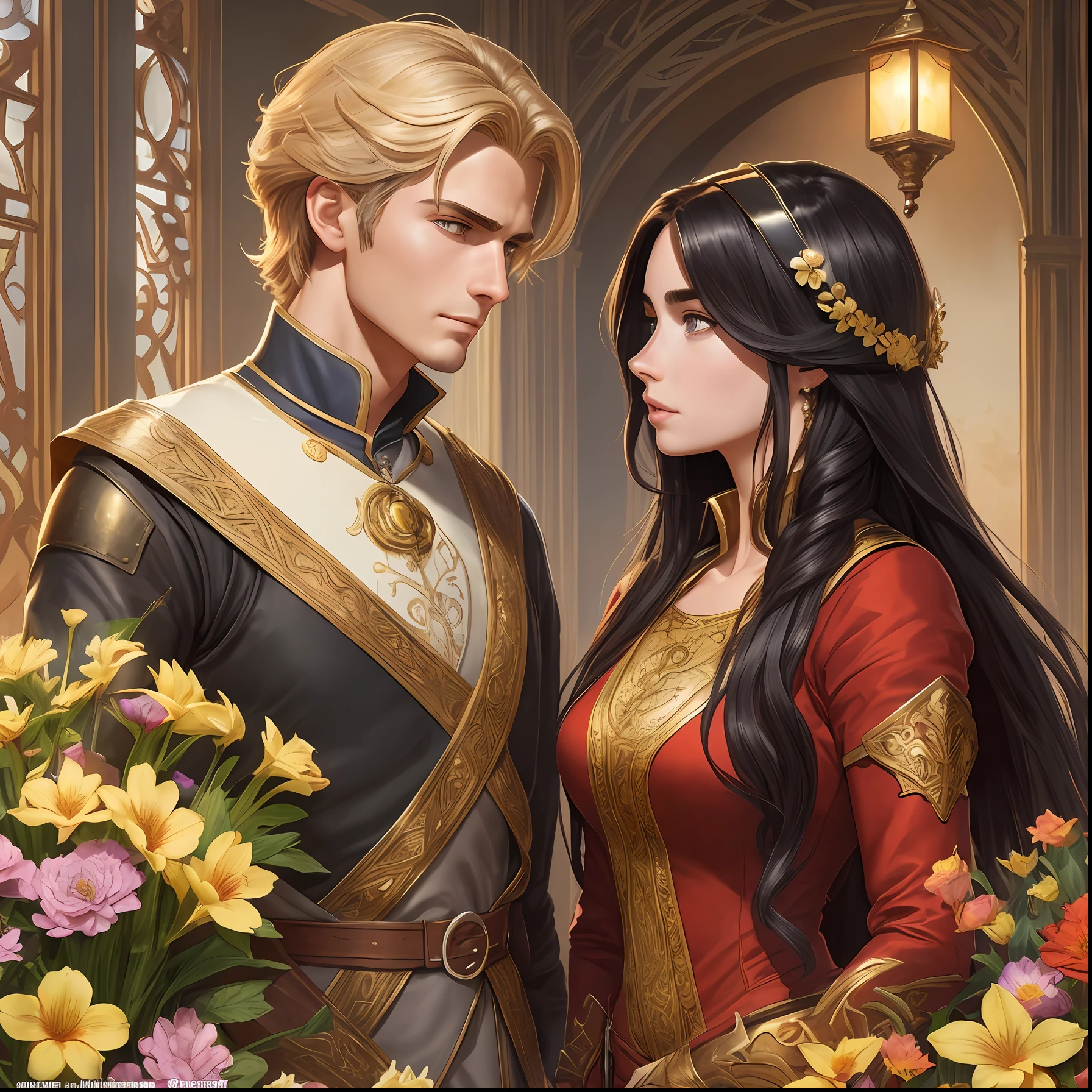 Two person 1 Neels Visser is a prince who has golden blond hair, wears a medieval military outfit and is in love with the commoner 2 Lily Collins, who has curly black hair and wears a red dress, the two kiss very affectionately, illustration of a romance book cover with a detailed, smooth, bright background filled with flowers, art by Greg Hildebrandt, Citemer Liu, Stjepan Sejic, Samyang, Aykut Aydogdu, Justin Gerard, Alphonse Mucha, Artgerm, WLOP, and Greg Rutkowski