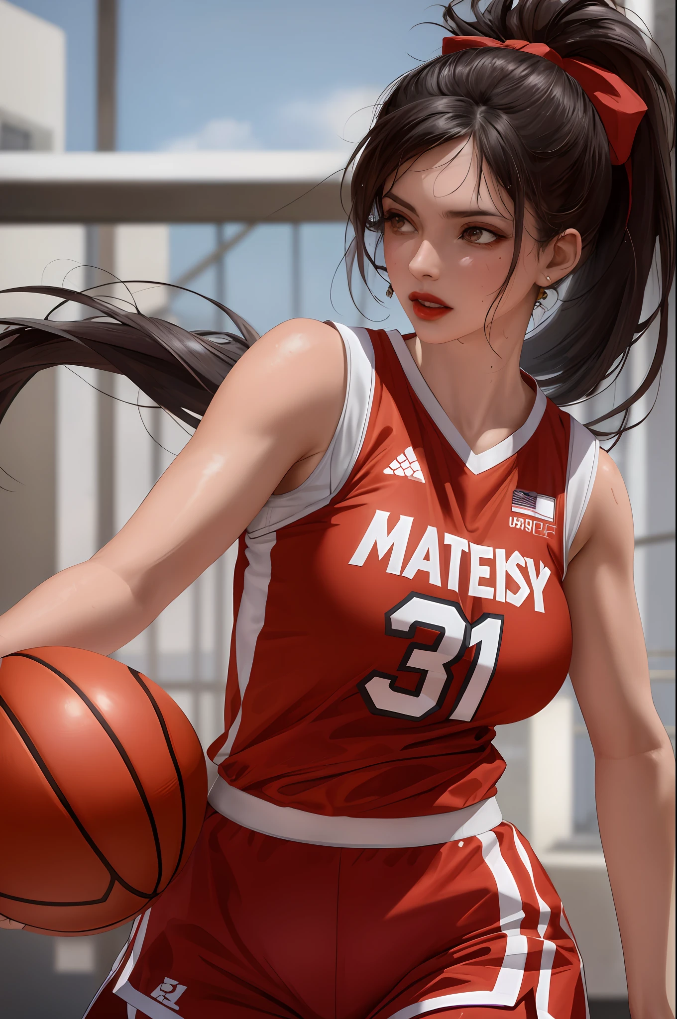 Masterpiece: 1.2, best quality), realistic, (real picture, rich details details, depth of field), (1girl, solo), makeup, cleft lip, high detail, perfect face shape, (big breasts: 1.4), (skindentation ), thick Thighs, wide hips, thin waist, tall, coral, red lips, red eyes, ponytail (girl playing basketball, red basketball uniform), (sweat: 1.2), (wet), sexy, blush,