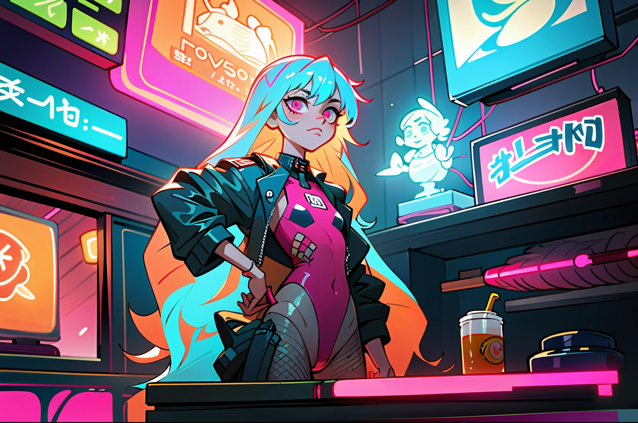 (best quality, masterpiece), 2girls, hologram, cyberpunk, neon, fog, (cartoon: 1.5), thong, tight, small, neon signs, ramen shop, fishnet stockings very low, transparent, very long hair, on piece suit, latex