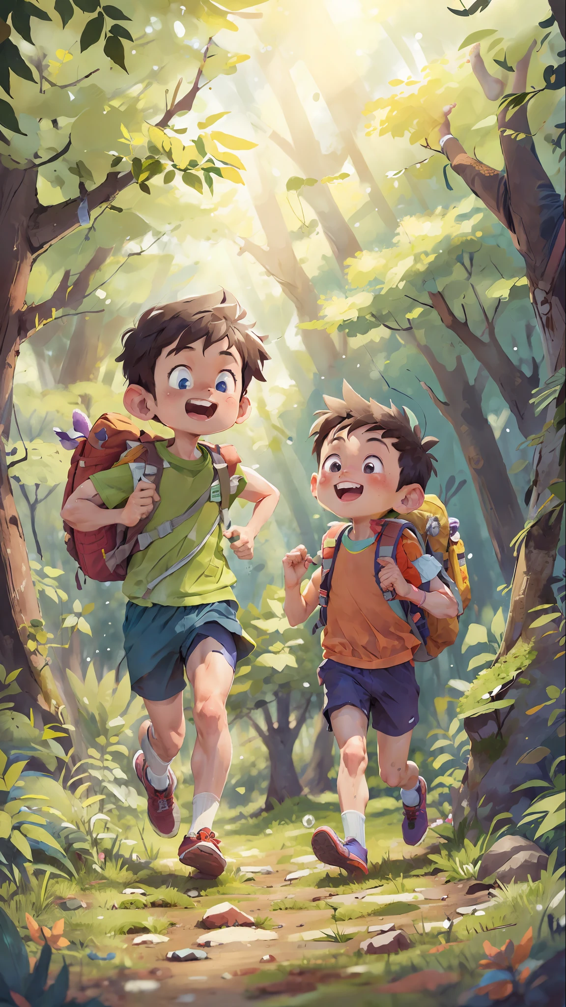 (SFW), two running boys, spring outing, happy, backpack on back, forest in the background, perfect quality, clear focus, colorful, perfect face, intricate details, ultra-low viewing angle, wide angle lens