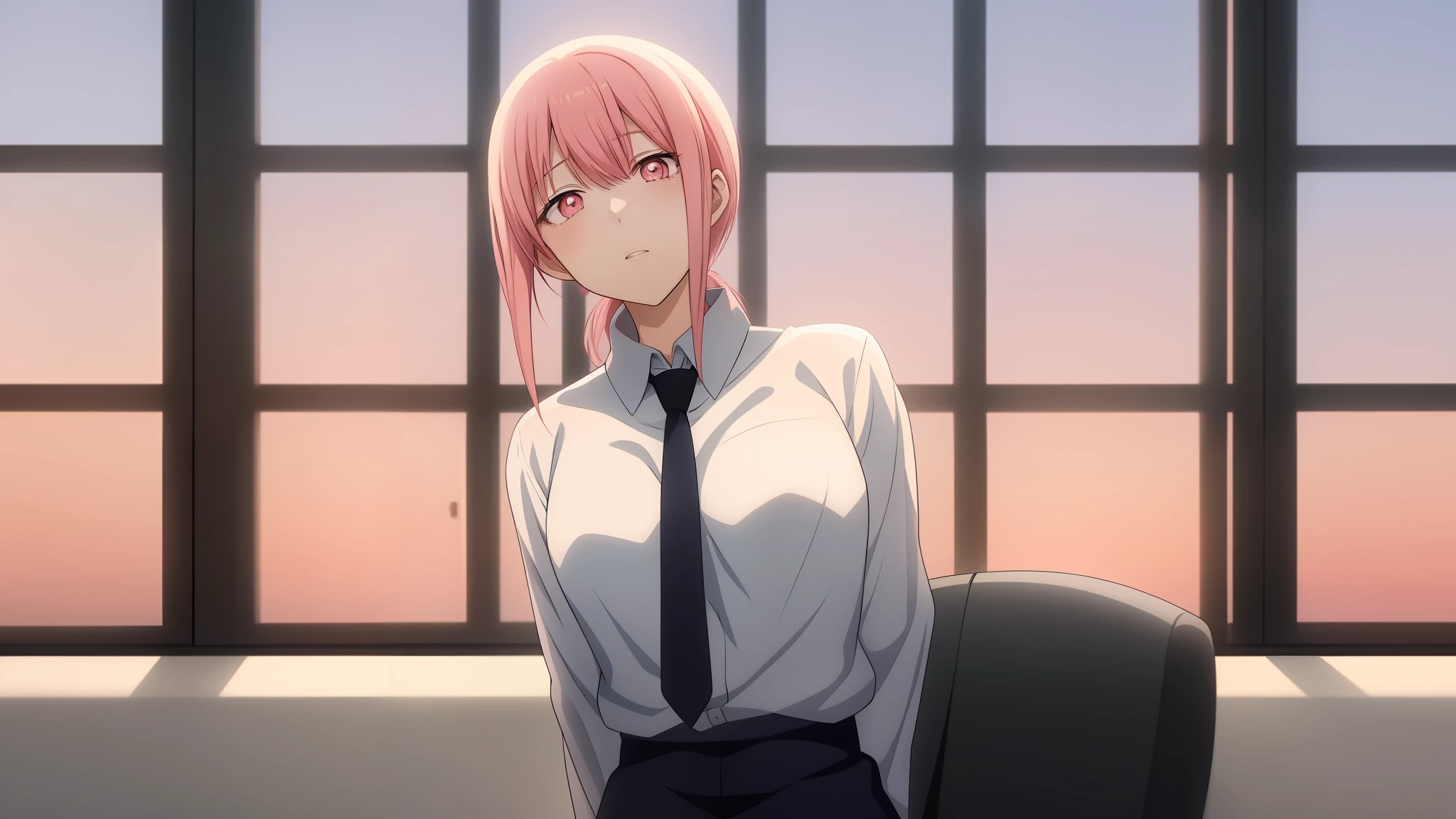 anime girl with pink hair and tie sitting in front of a window, today's featured anime still, still from tv anime, ( ( ( yoshinari yoh ) ) ), in the anime film, anime girl named lucy, close up iwakura lain, screenshot from a 2012s anime, still from anime, screenshot from the anime film, zero two