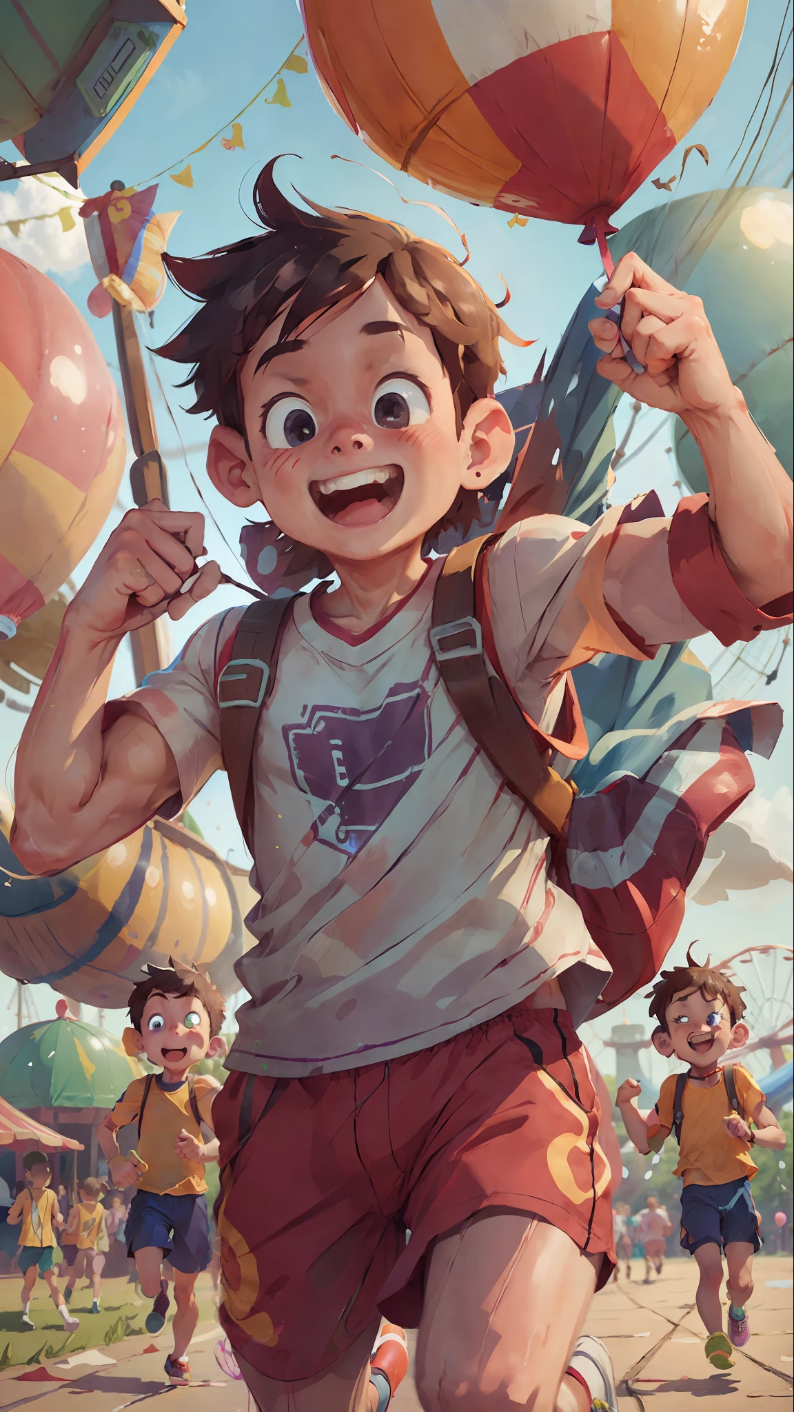 (SFW), two running boys, amusement park, holding balloons, happy, happy, perfect quality, clear focus, colorful, perfect face, intricate details, ultra-low viewing angle, wide angle lens --v 6