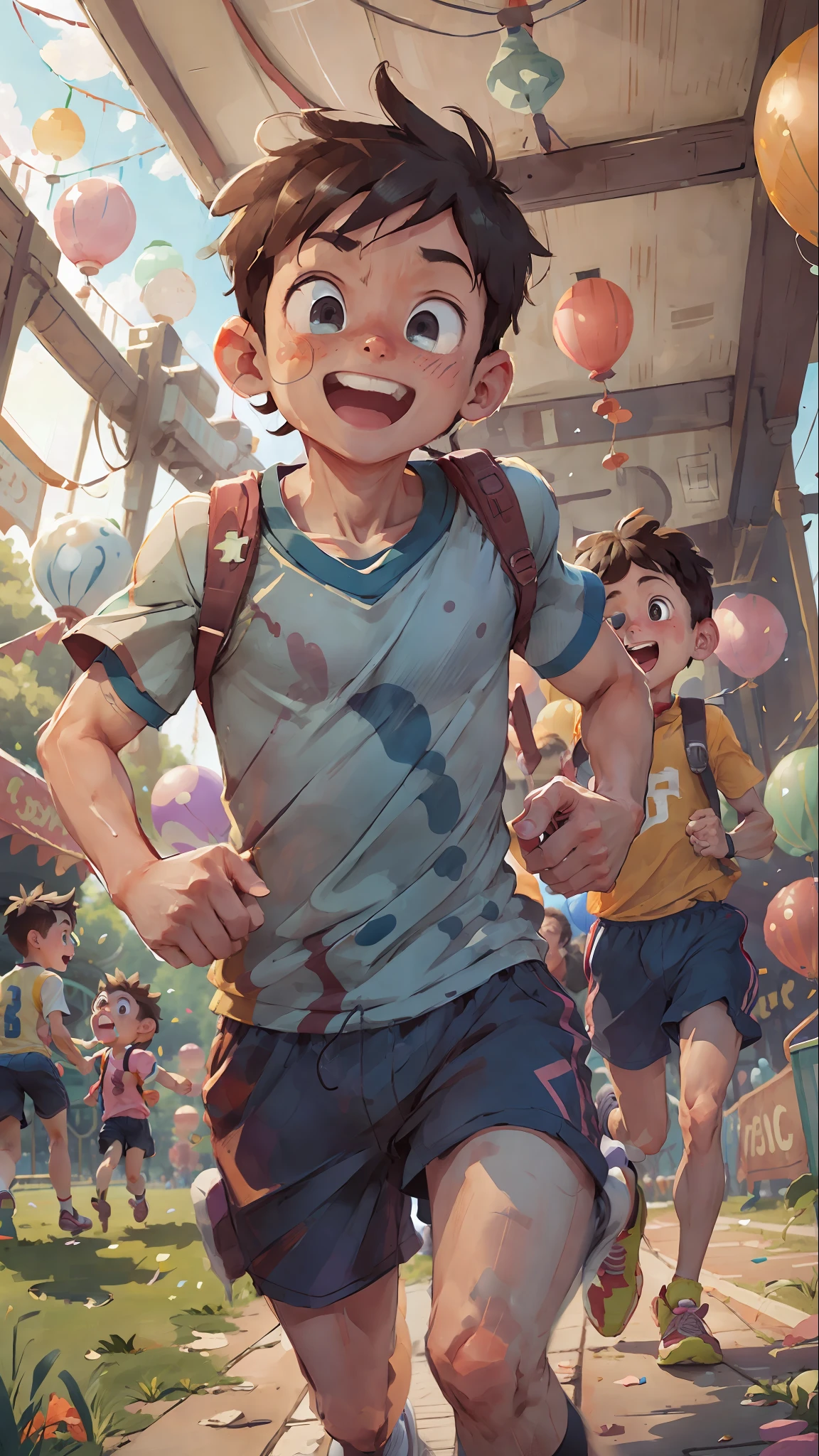 (SFW), two running boys, amusement park, holding balloons, happy, happy, perfect quality, clear focus, colorful, perfect face, intricate details, ultra-low viewing angle, wide angle lens --v 6