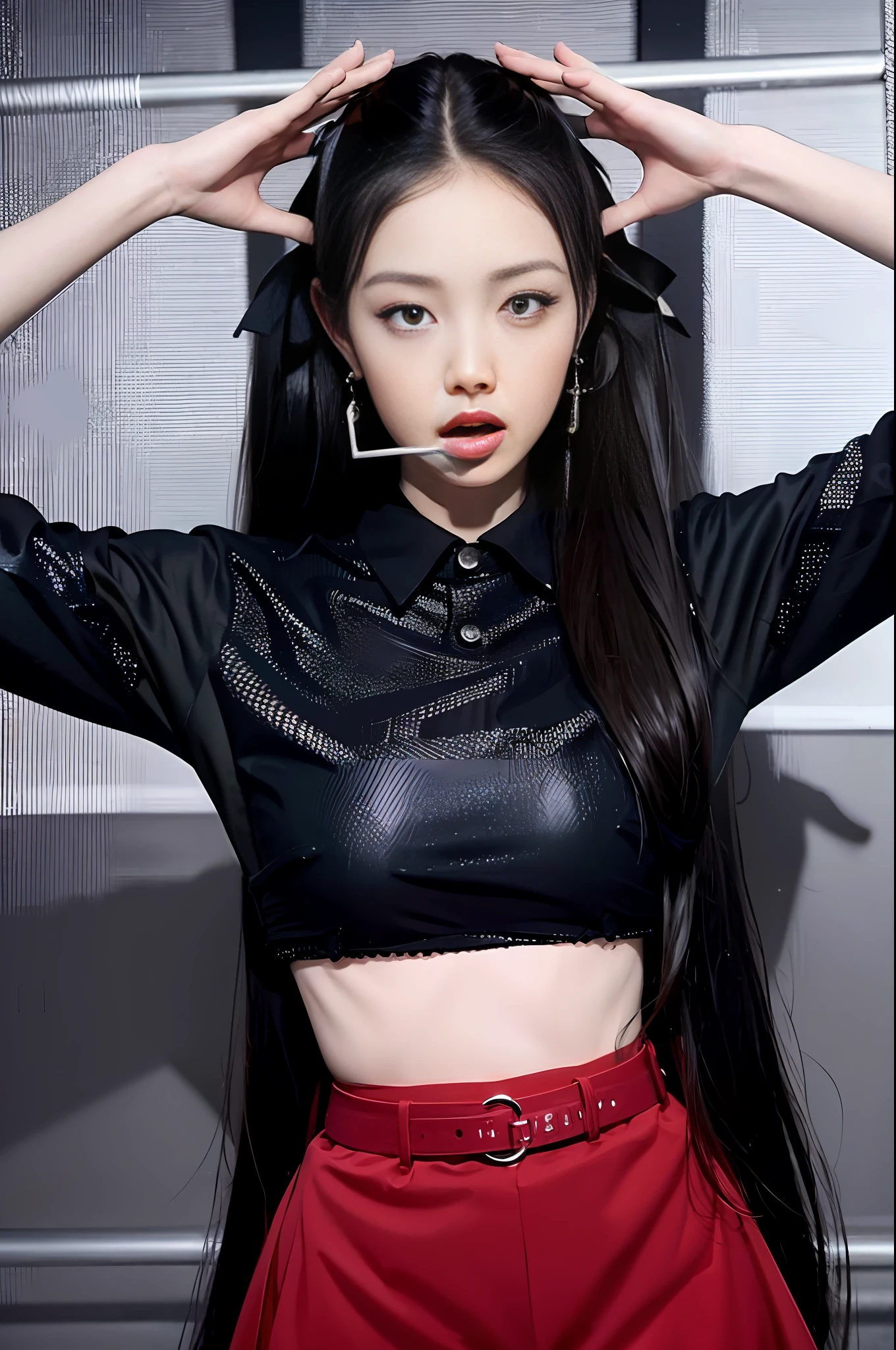 Best resolution, Best quality, Ultra realistic, Beautiful skin, No mole, Beauty, Black hair, Twin tails, Black ribbon, Earrings, Bracelet, dark makeup, Red eyes, Red lips, Red nails, Red schoolgirl uniform, plaid super mini skirt, sheer white shirt, short plaid tie, big, very sheer lingerie, black pantyhose, school gate, showing off breasts and crotch, angry, hands on hips, looking at camera, mouth wide open and tongue sticking out