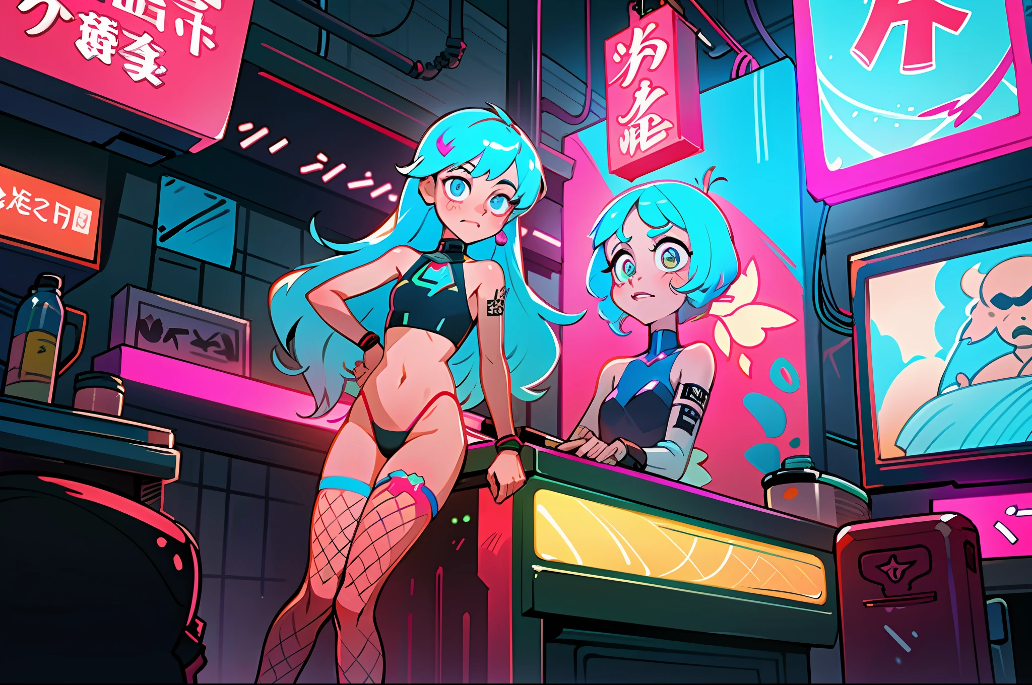 (best quality, masterpiece), 2girls, hologram, cyberpunk, neon, fog, (cartoon: 1.5), , tight, small, neon signs, ramen shop, fishnet stockings very low, transparent, very long hair, on piece suit, latex