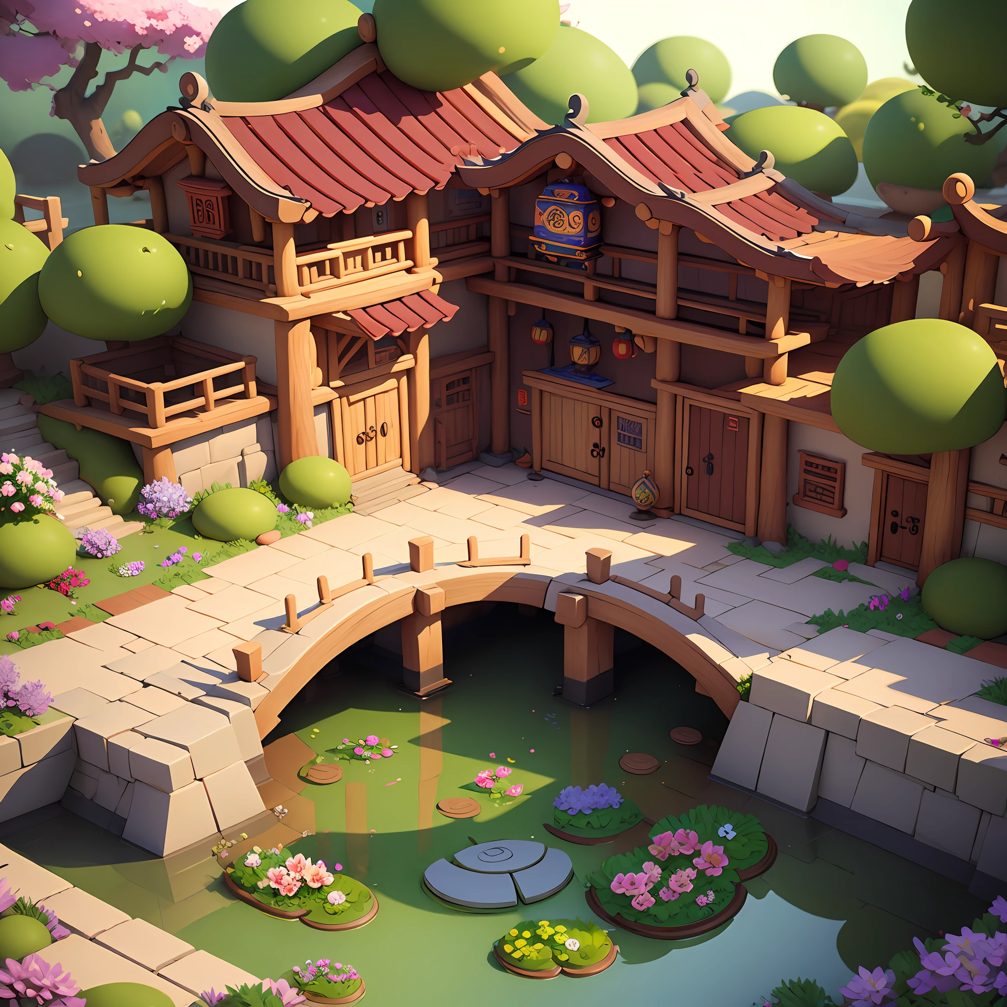 Game architectural design, cartoon, town, stone, brick, meadow, river, flowers, casual game style, 3d, blender, masterpiece, super detail, best quality
