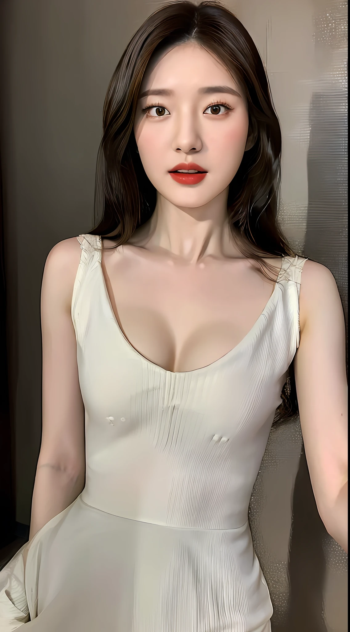 ((Best quality, 8k, Masterpiece :1.3)), A pretty woman with perfect figure :1.4, Slender abs :1.3, ((Dark brown hair, Big breasts :1.2)), Highly detailed face and skin texture, Detailed eyes, Double eyelid