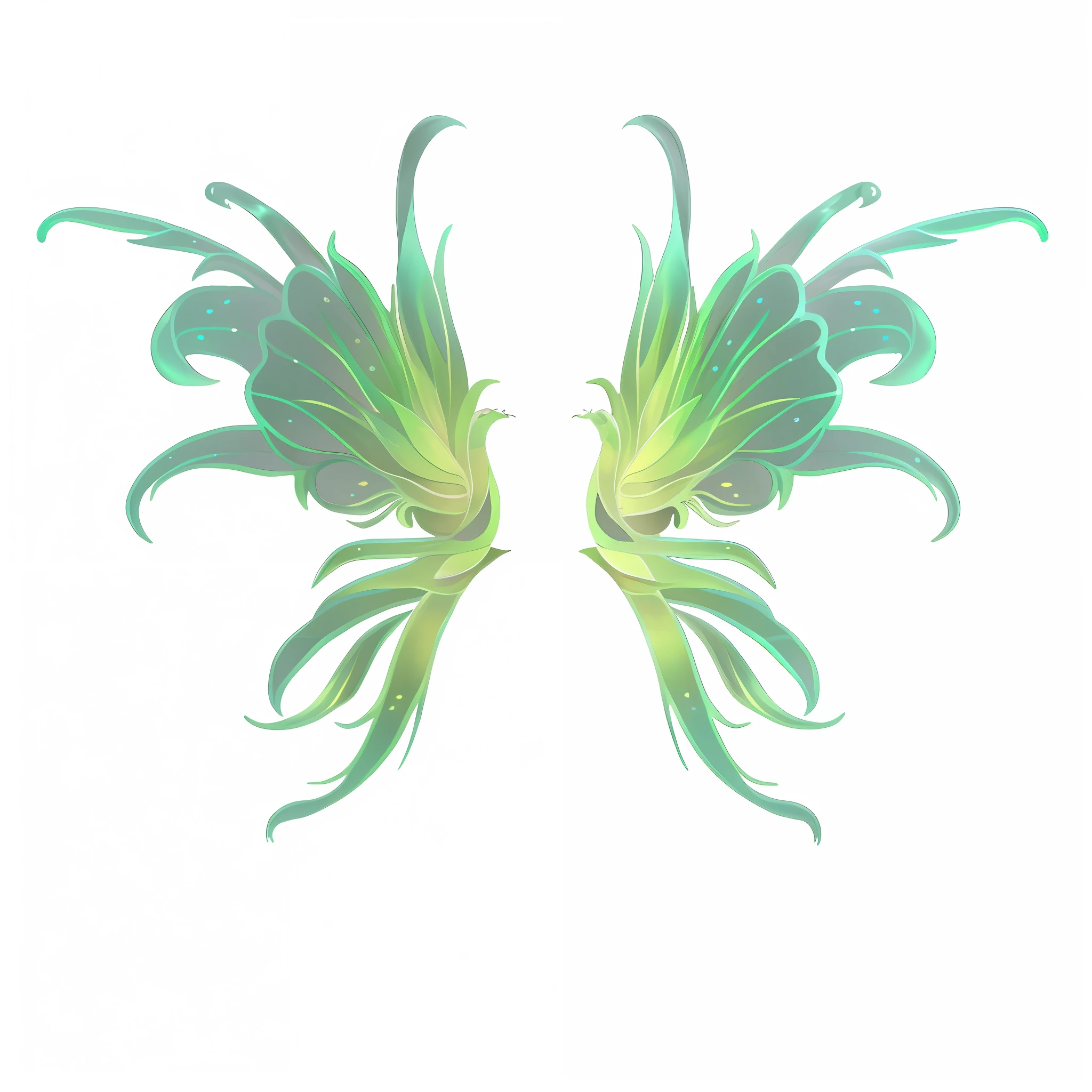 there are two green and yellow wings on a black background, teal ethereal tendril wings, fairy wings, neon wings, ethereal wings, wings made of glass, transparent wings, iridescent wings, symetrical wings, beautiful opened wings, glowing feathers, translucent wings, feathery wings, wings made out of flowers, symmetric wings, symmetrical dragon wings